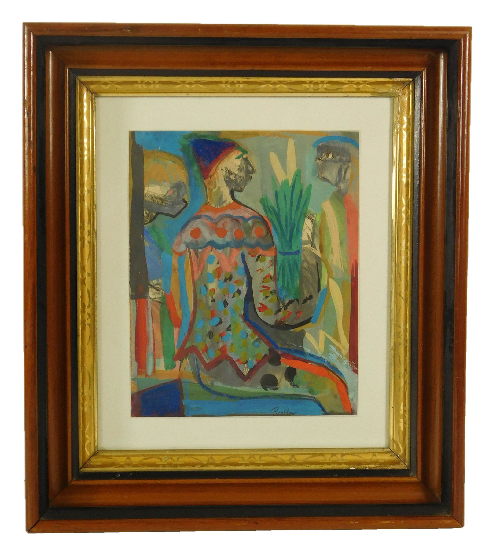 Josef Presser (American, 1907-1967), mixed media on: Josef Presser (American, 1907-1967), mixed media on paper, "Arcas", depicts seated harlequin in colorful spotted top and blue hat, signed lower right, label verso, ss: 9 ¾" h. x 7 ¾" w.,