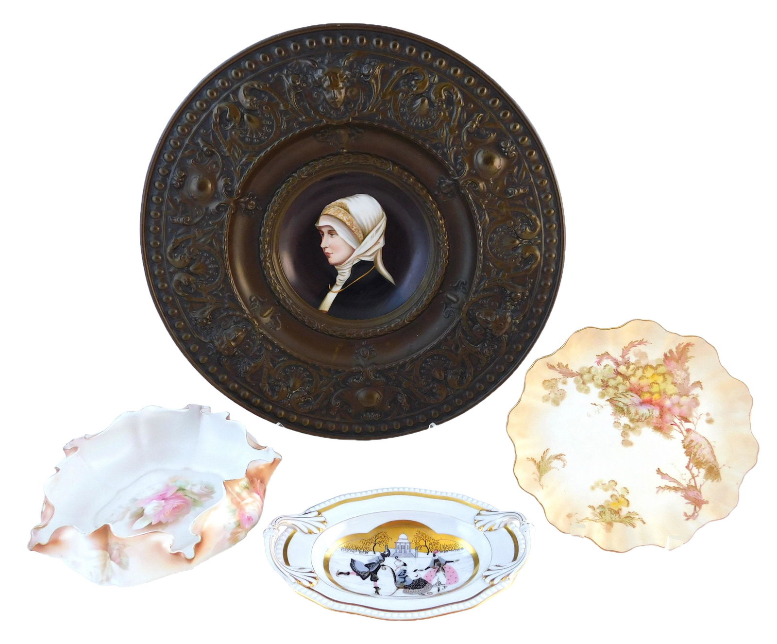 Four pieces of hand painted porcelain, including: (1 of 7)