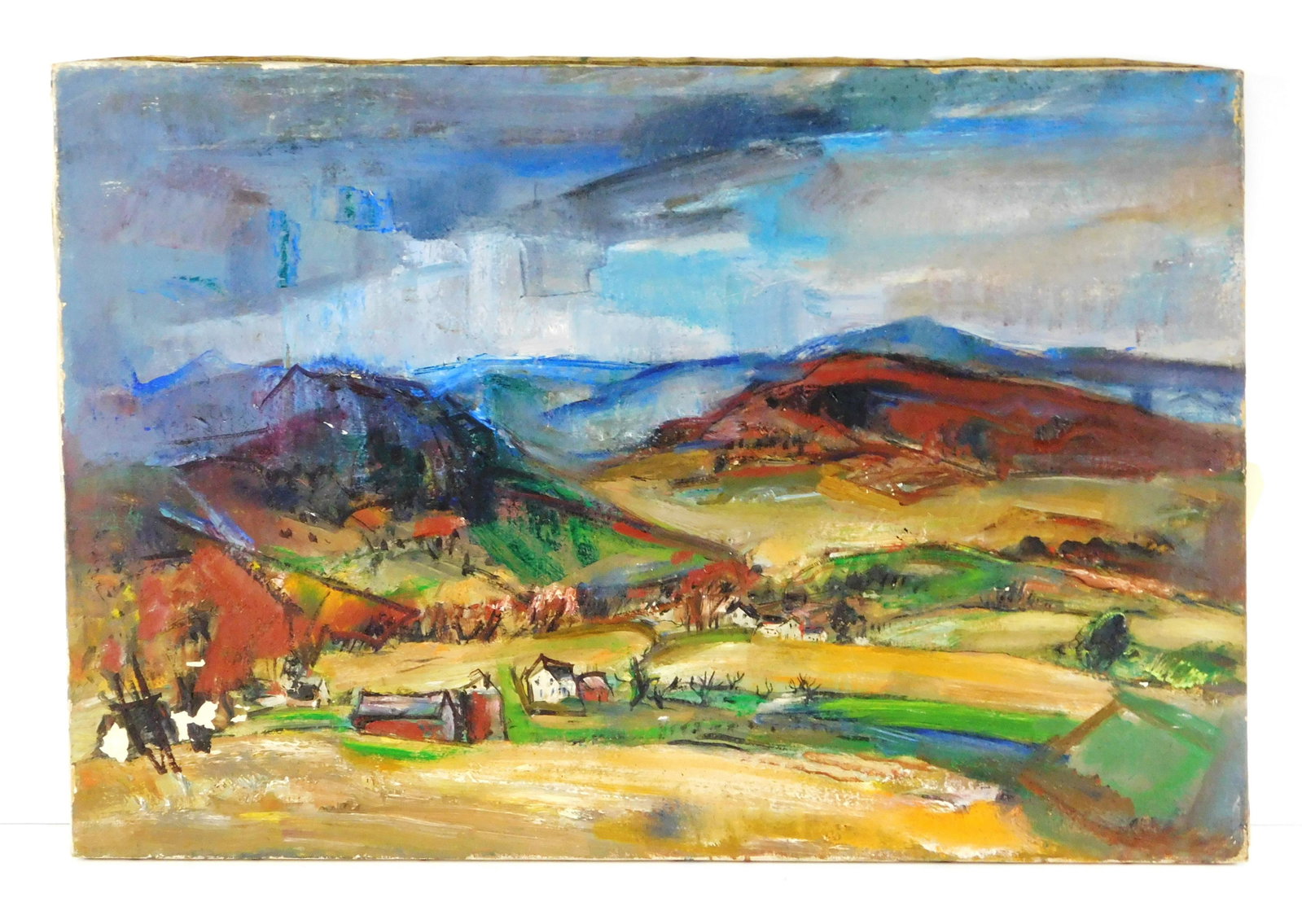 Marion Huse (American, 1896-1967), "Rain on the Way",: Marion Huse (American, 1896-1967), "Rain on the Way", oil on canvas, unsigned, landscape with small houses and barns in the foreground and mountains in background, the sky on the right is stormy blue/