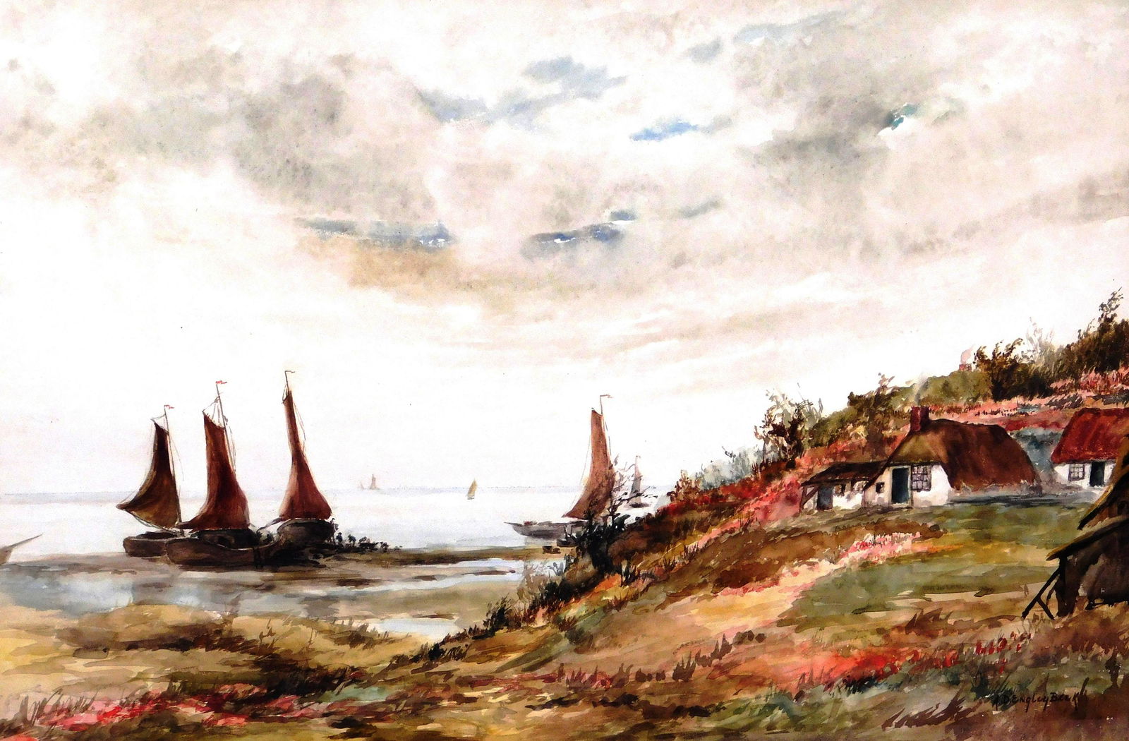 Alice D. Engley Beek (American, 1867-1951), "Fishing: Alice D. Engley Beek (American, 1867-1951), "Fishing Fleet at Home, Scheveningen, Holland", watercolor, depicts costal scene, sailboats with brown sails raised docked at the edge of the water, thatch-