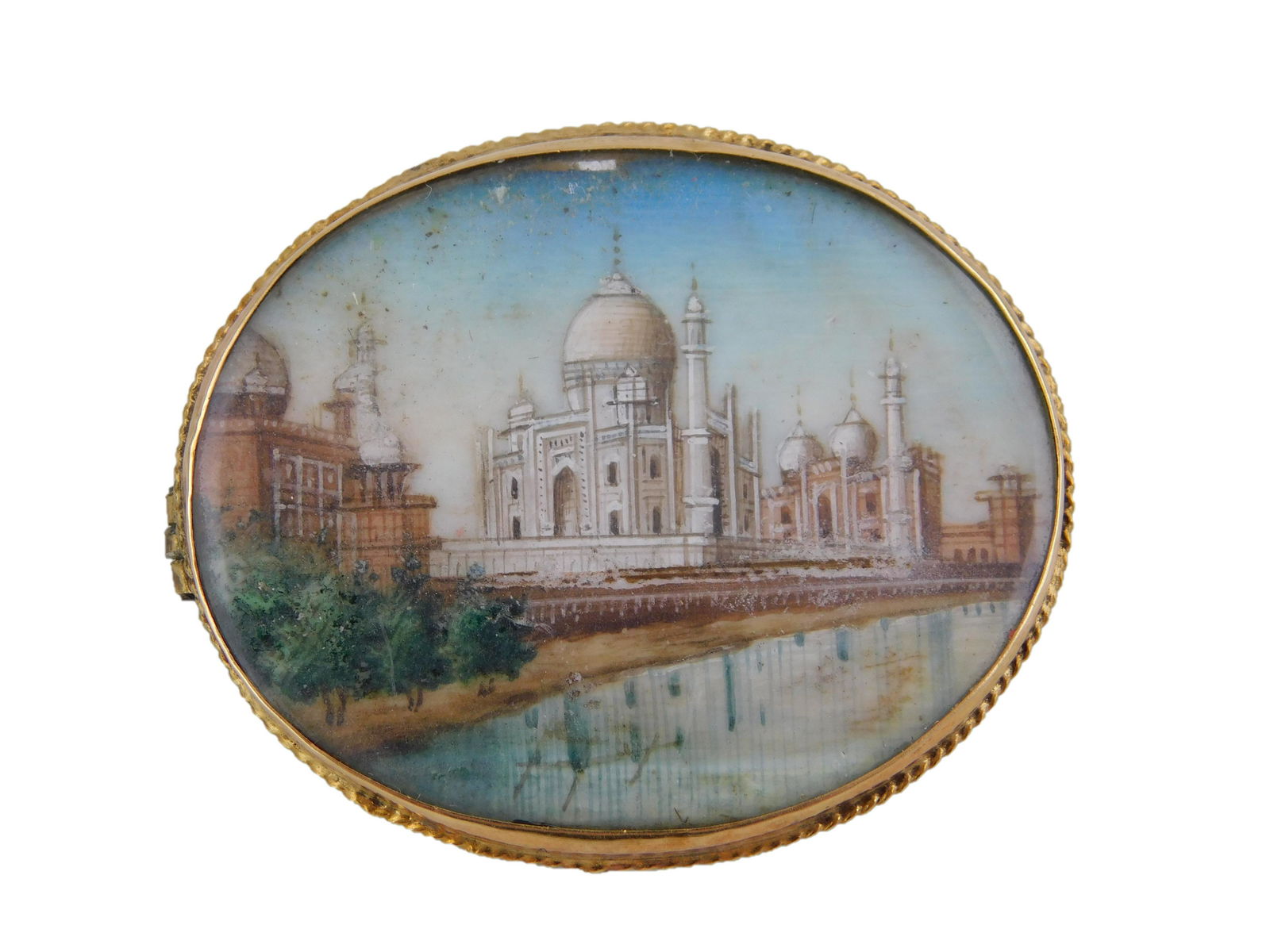 JEWELRY: 18K Taj Mahal Painted Miniature Pin, oval (1 of 2)