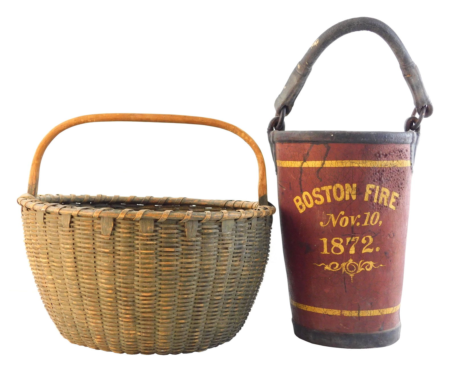 Two 19 C. baskets, one fire bucket with "Boston Fire (1 of 5)