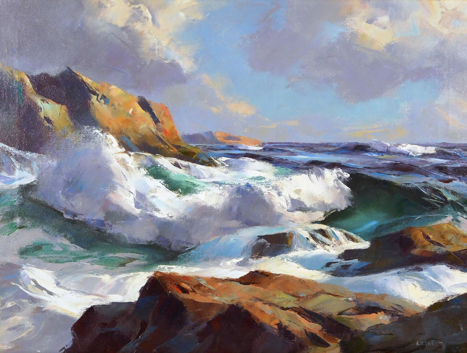 Alphonse Joseph Shelton (American, 1905-1976), oil on: Alphonse Joseph Shelton (American, 1905-1976), oil on masonite, depicts costal Maine seascape with large waves, rocky cliff to left with rocks in foreground, dynamic sky, signed lower right, not exami