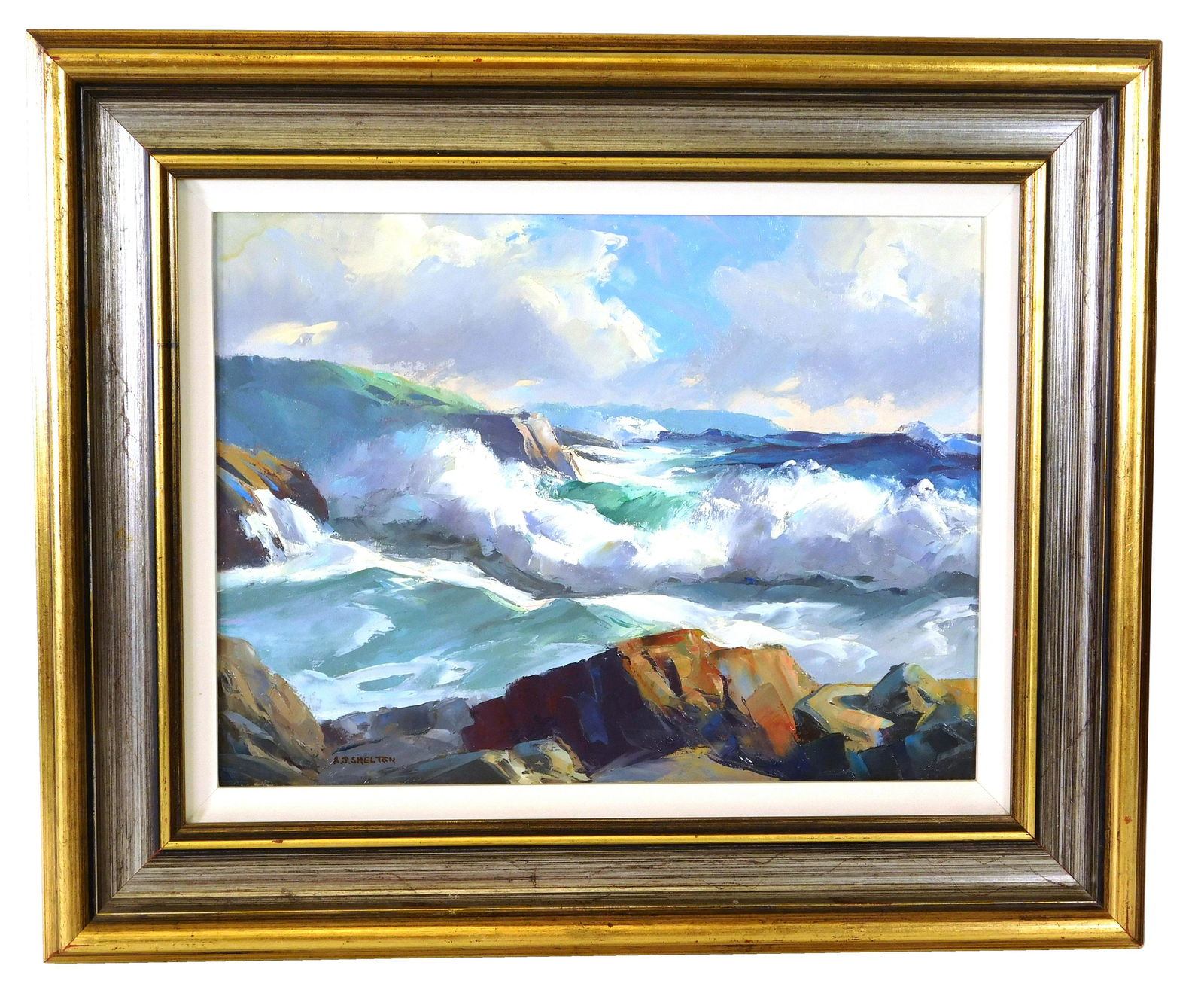 Alphonse Joseph Shelton (American, 1905-1976), oil on: Alphonse Joseph Shelton (American, 1905-1976), oil on masonite, depicts Maine seascape, with waves crashing on rocks, signed lower left, not examined out of frame, wear consistent with age, ss: 11 ¼"
