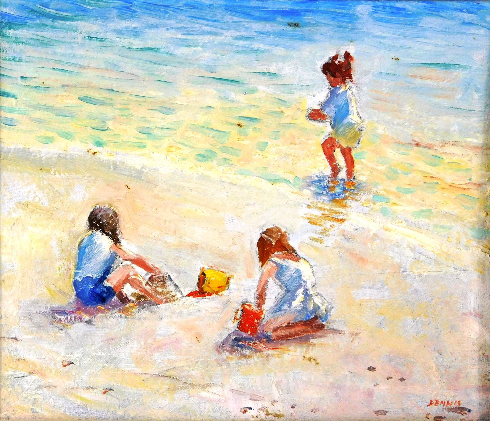 Roger Dennis (Connecticut, 1902-1996), oil on canvas: Roger Dennis (Connecticut, 1902-1996), oil on canvas board, "Sunlight Beach", depicts sweet scene with three children on a beach, two seated playing with buckets in sand, the third standing with feet 