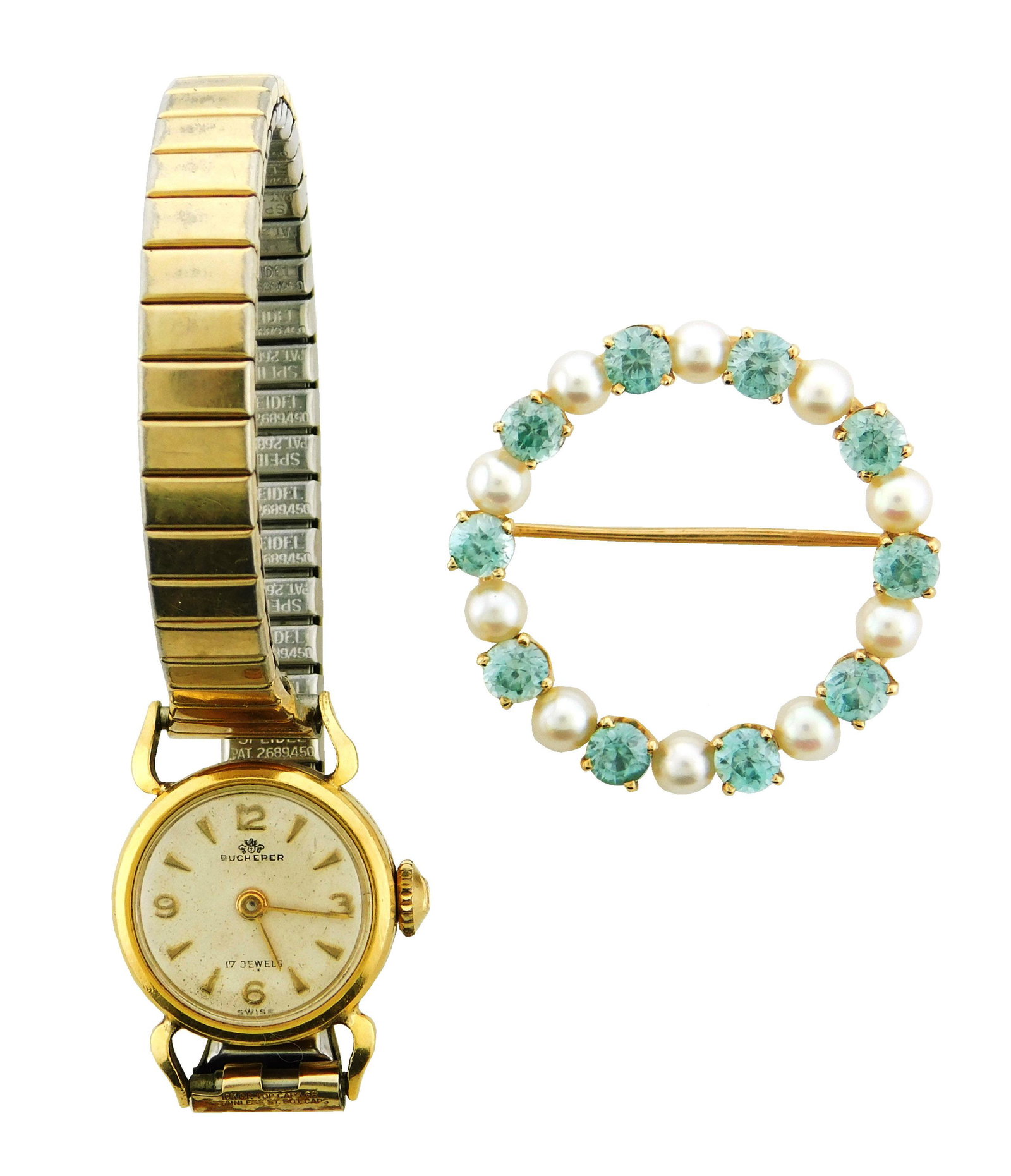 JEWELRY: 14K Pearl and Zircon Pin with women's wrist: JEWELRY: 14K Pearl and Zircon Pin with women's wrist watch, circle pin: stamped and tested 14K yellow gold with alternating pearls and zircons,1 1/8" diam., set with ten round, 3.8mm-3.9mm, cultured p