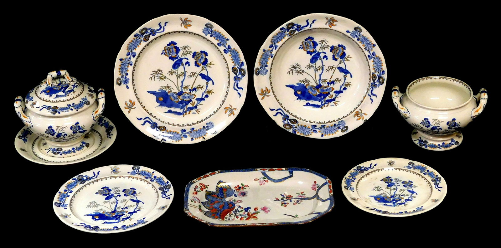 Spode transferware, blue with orange accent in unusual (1 of 6)