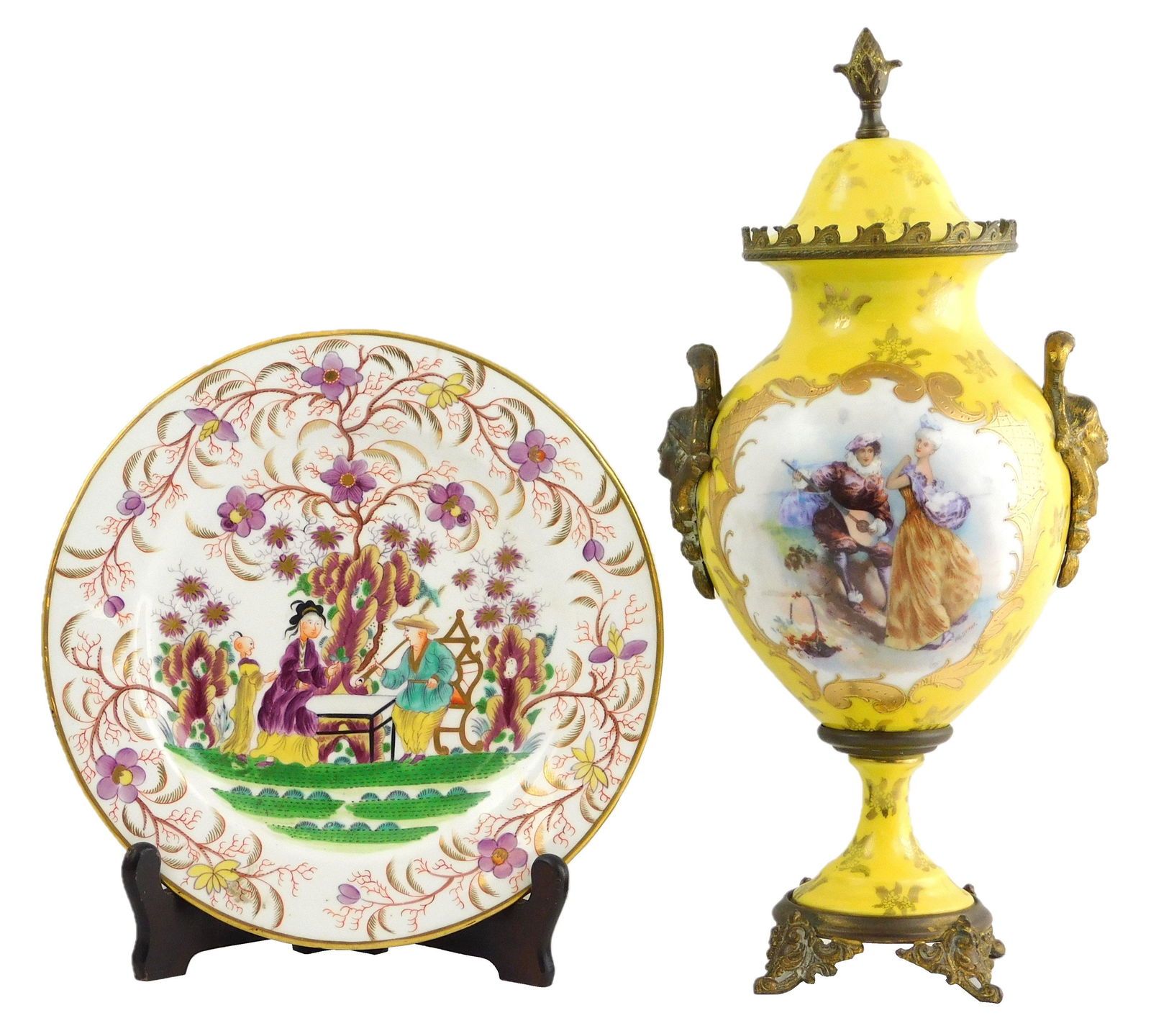 Victorian lidded urn with ceramic plate, urn with brass (1 of 4)