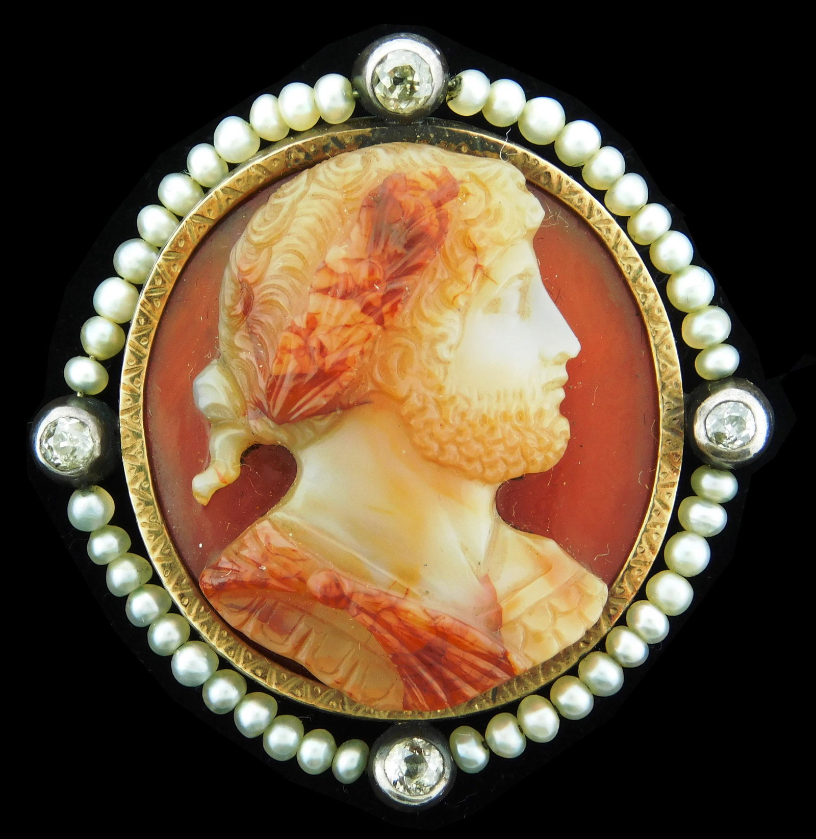 JEWELRY: Antique Carnelian, Pearl and Diamond Brooch, (1 of 2)