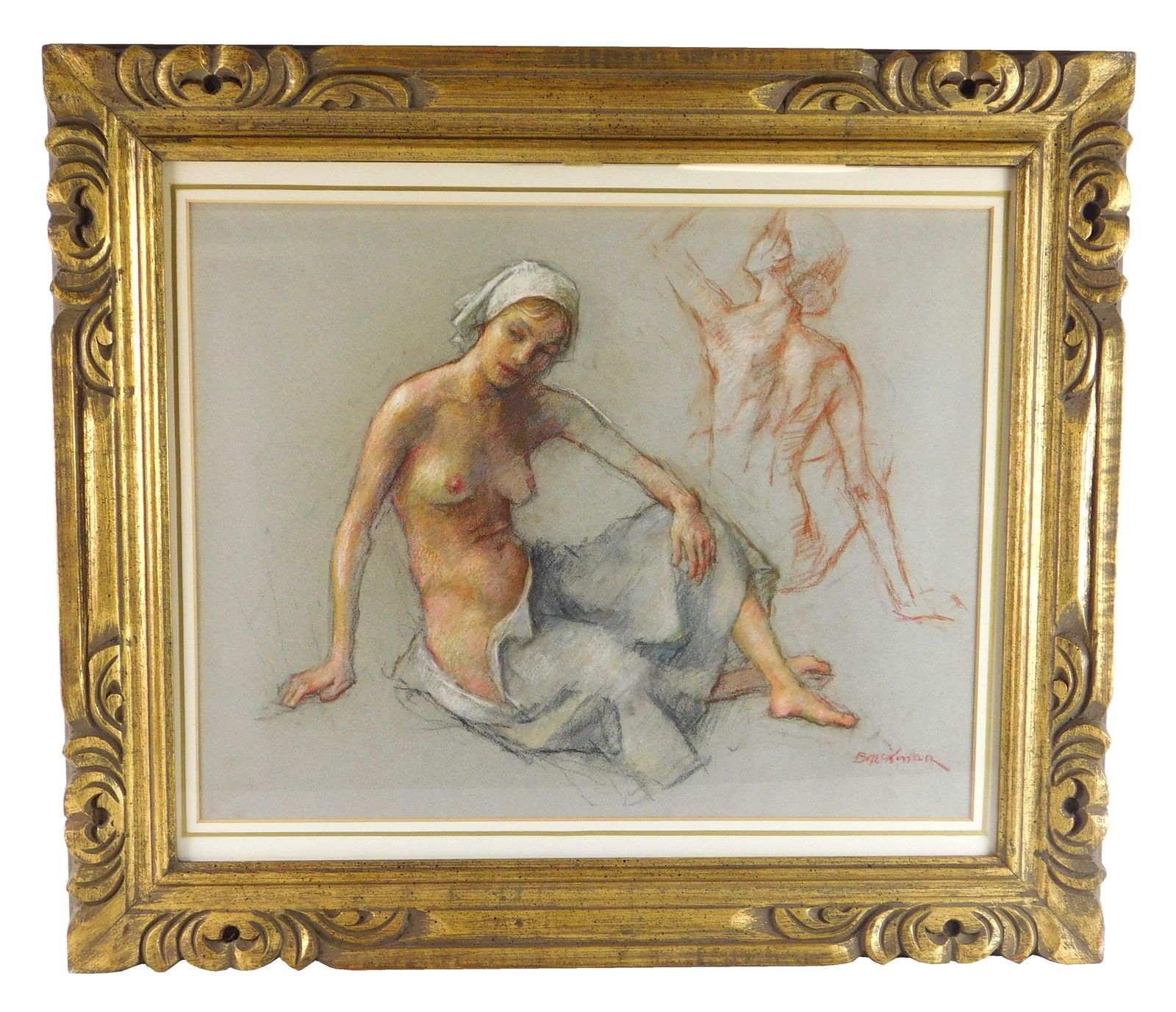 Robert Brackman (Connecticut/New York, 1898-1980),: Robert Brackman (Connecticut/New York, 1898-1980), pastel drawing on paper, two figure study of seated nude woman with kerchief on head and draped fabric, loosely executed sketch in rust red behind he