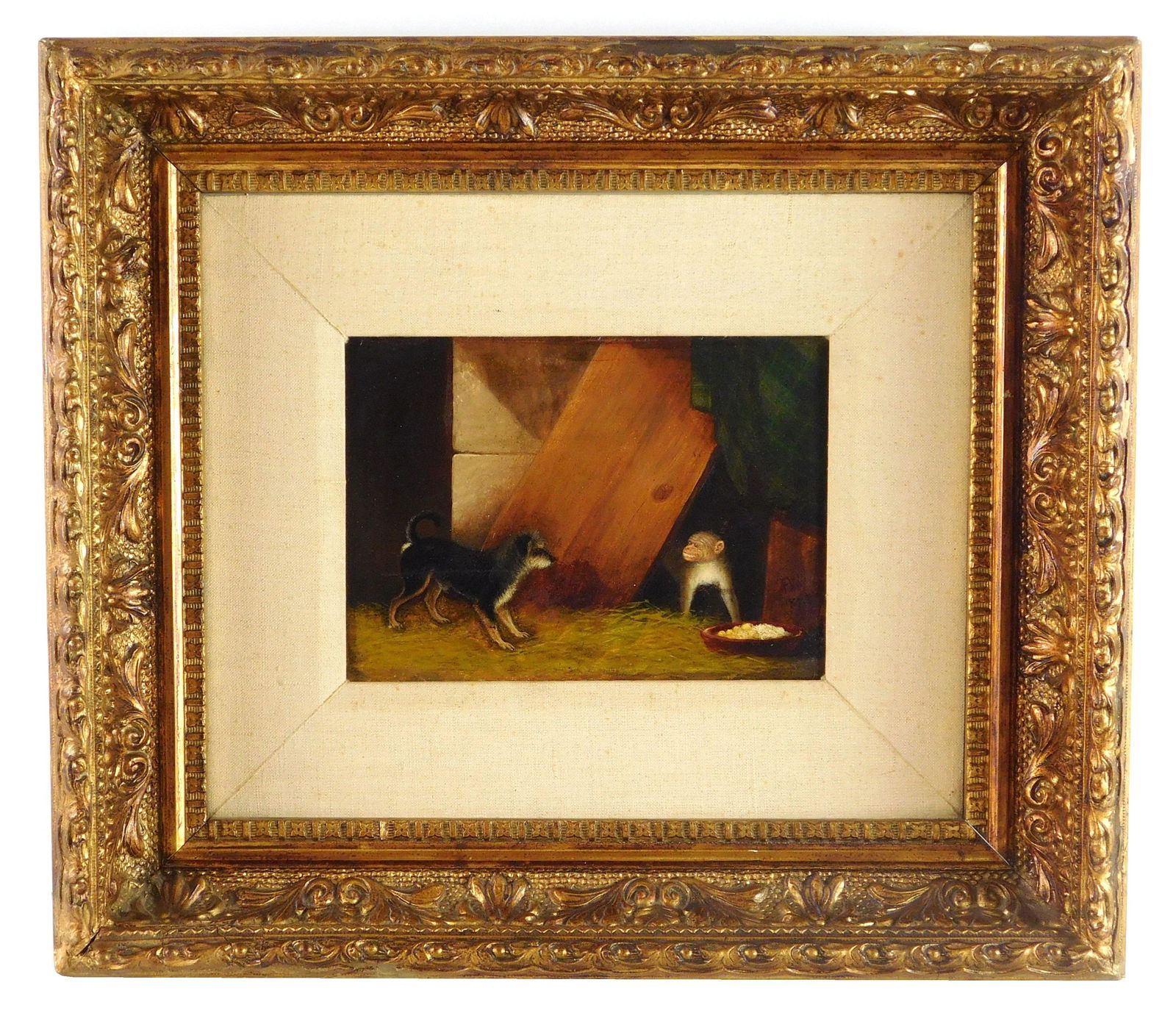 19 C. oil on artist board, dog and monkey in stable, (1 of 3)
