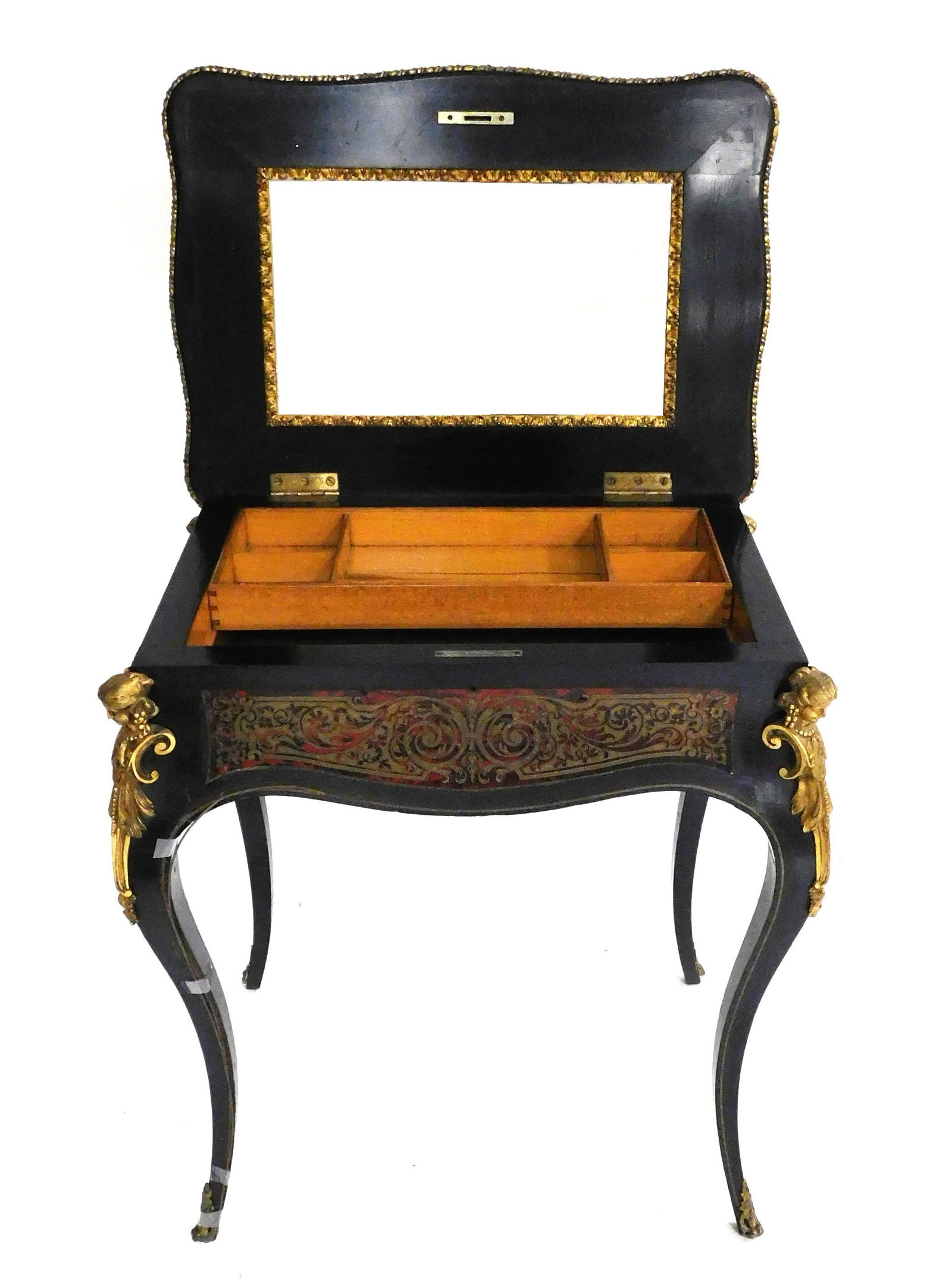 Boulle vanity table, brass filigree inlay with red and (1 of 8)