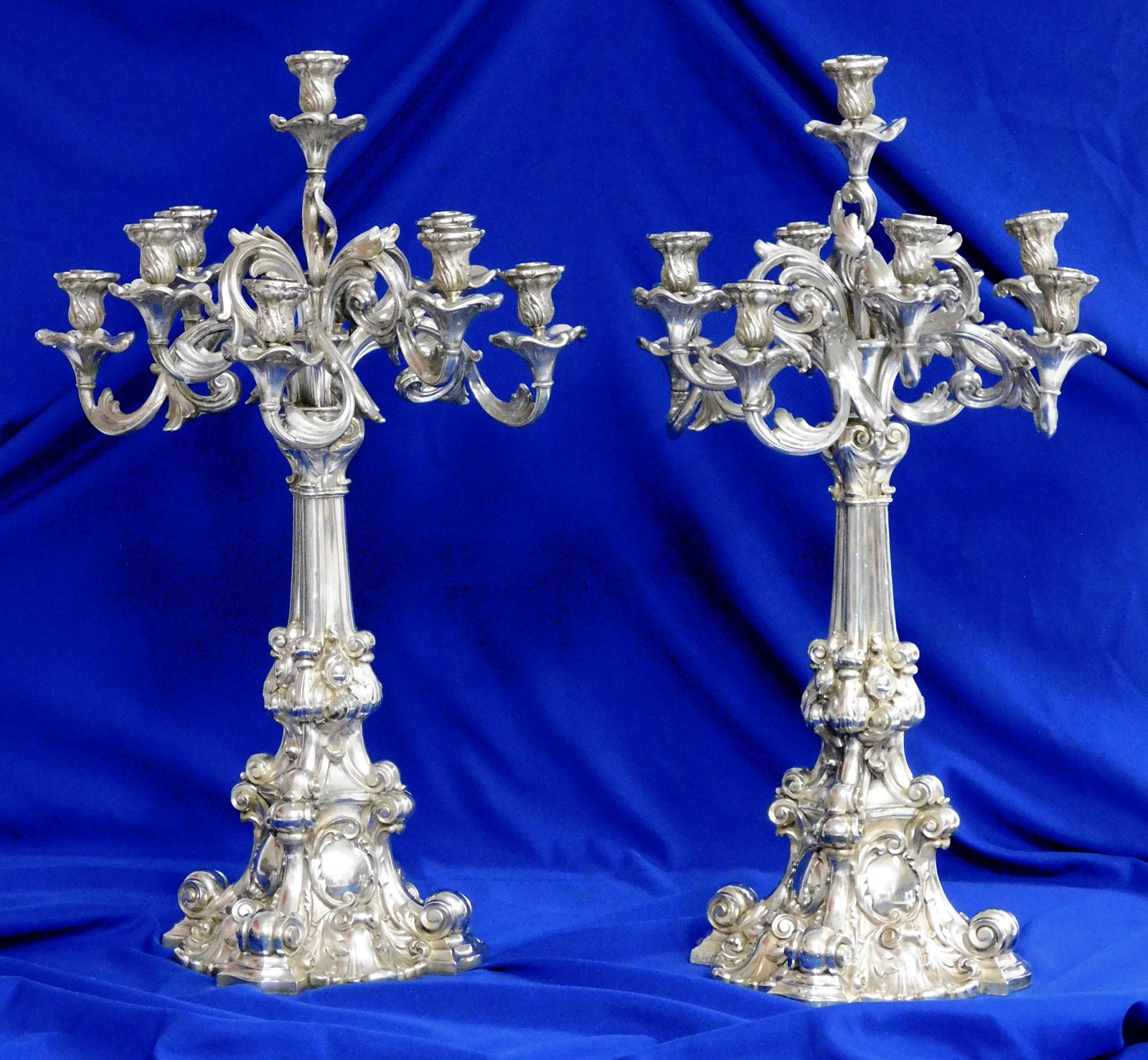 SILVER: Heinrich Friedeberg, pair of Baroque German: SILVER: Heinrich Friedeberg, pair of Baroque German silver nine-light candelabras, pre-1886, maker's hallmark with "14 Loth" (875/1000) only to both bases, no marks viewed on upper sections, branched