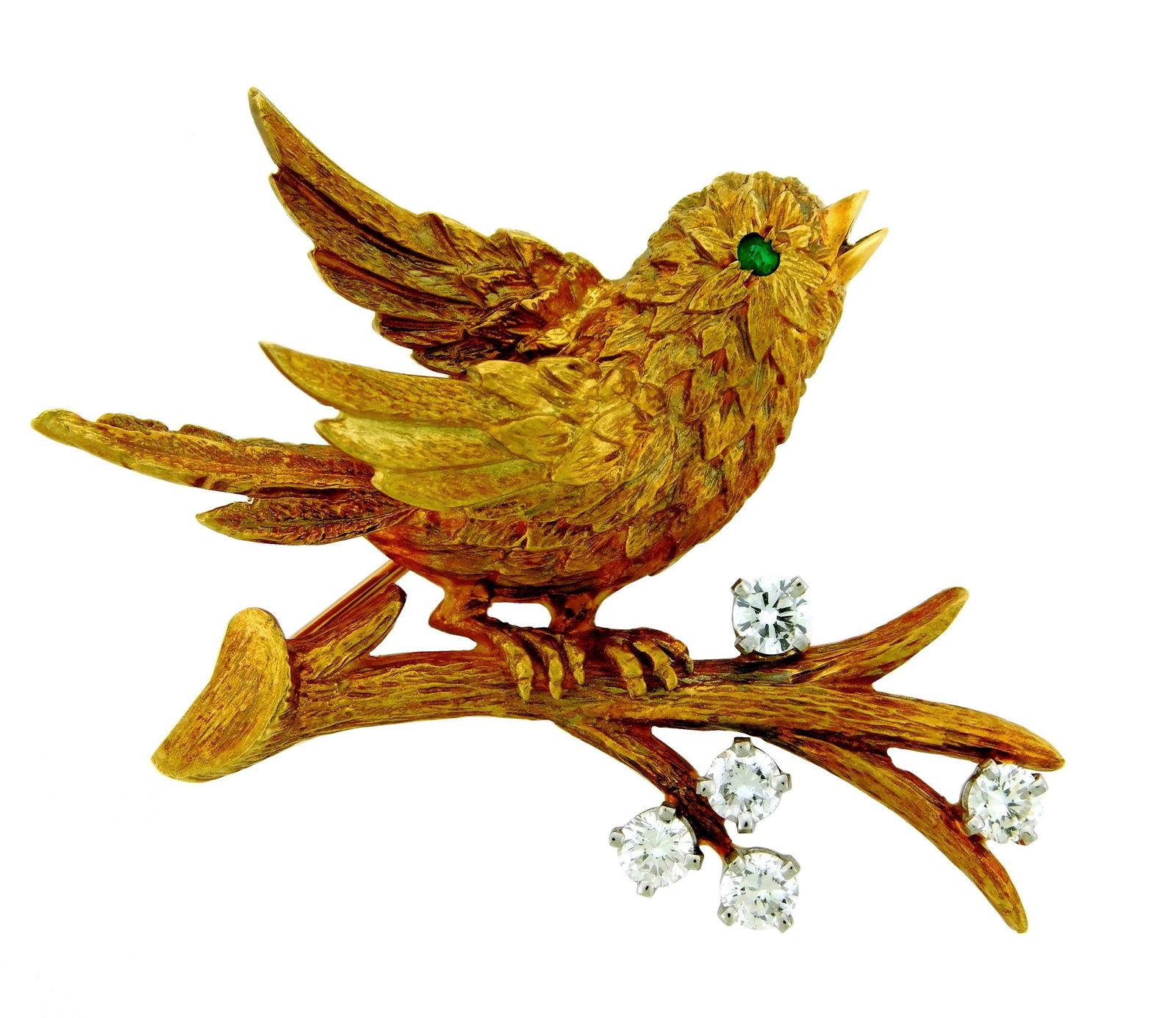 JEWELRY: Vintage 18K McTeigue & Co. diamond and emerald: JEWELRY: Vintage 18K McTeigue & Co. diamond and emerald bird pin: stamped and tested "18K" yellow gold with "Platinum" diamond settings, dimensions: 1 ½" by 1 ½", manufacture's stamp: "McT", for McT