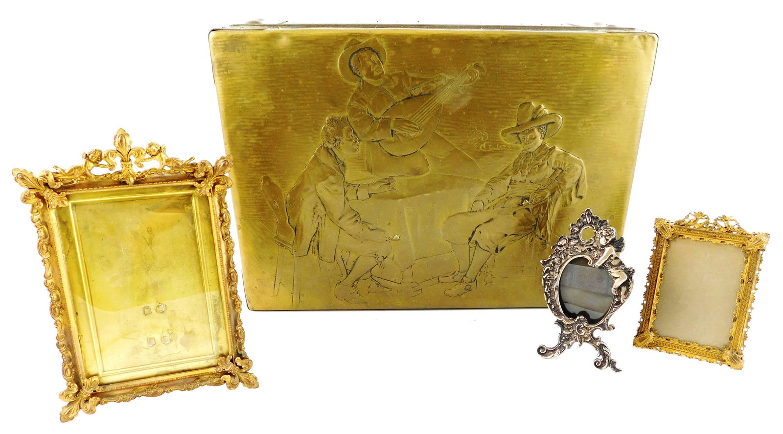 Brass repousse box with tavern scene, along with three (1 of 6)