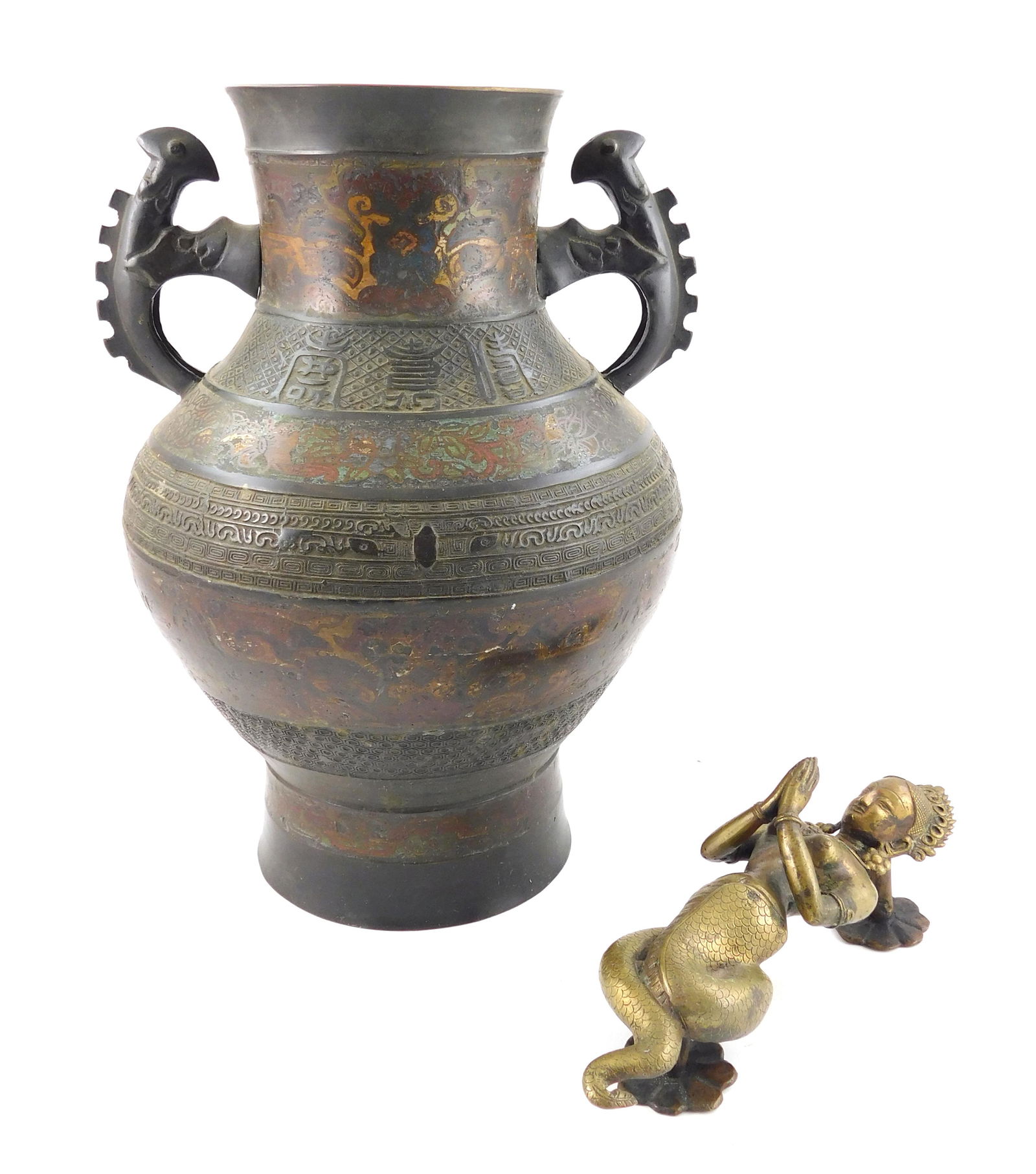 Asian metalware including a brass Naga Kanya form (1 of 3)
