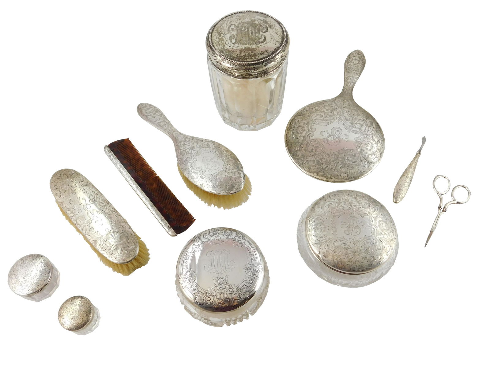 STERLING: Eleven vanity pieces, including matching set (1 of 4)