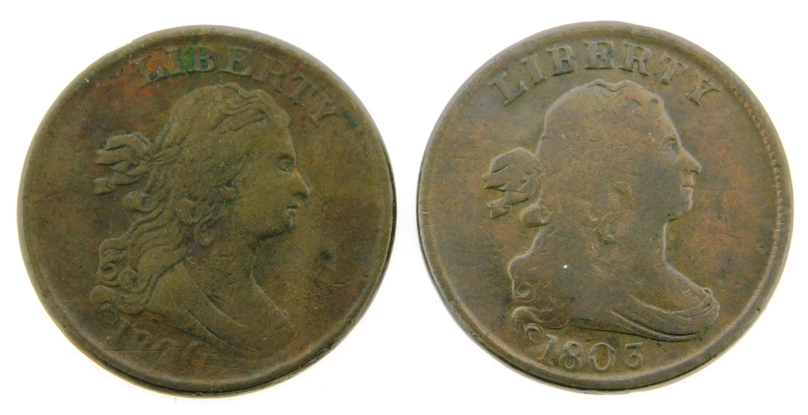 COINS: Lot of two draped bust half cents. Includes an (1 of 2)