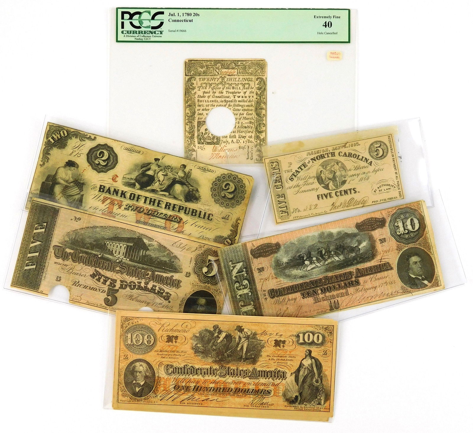 CURRENCY: Lot of 5 genuine banknotes, plus some replica (1 of 2)