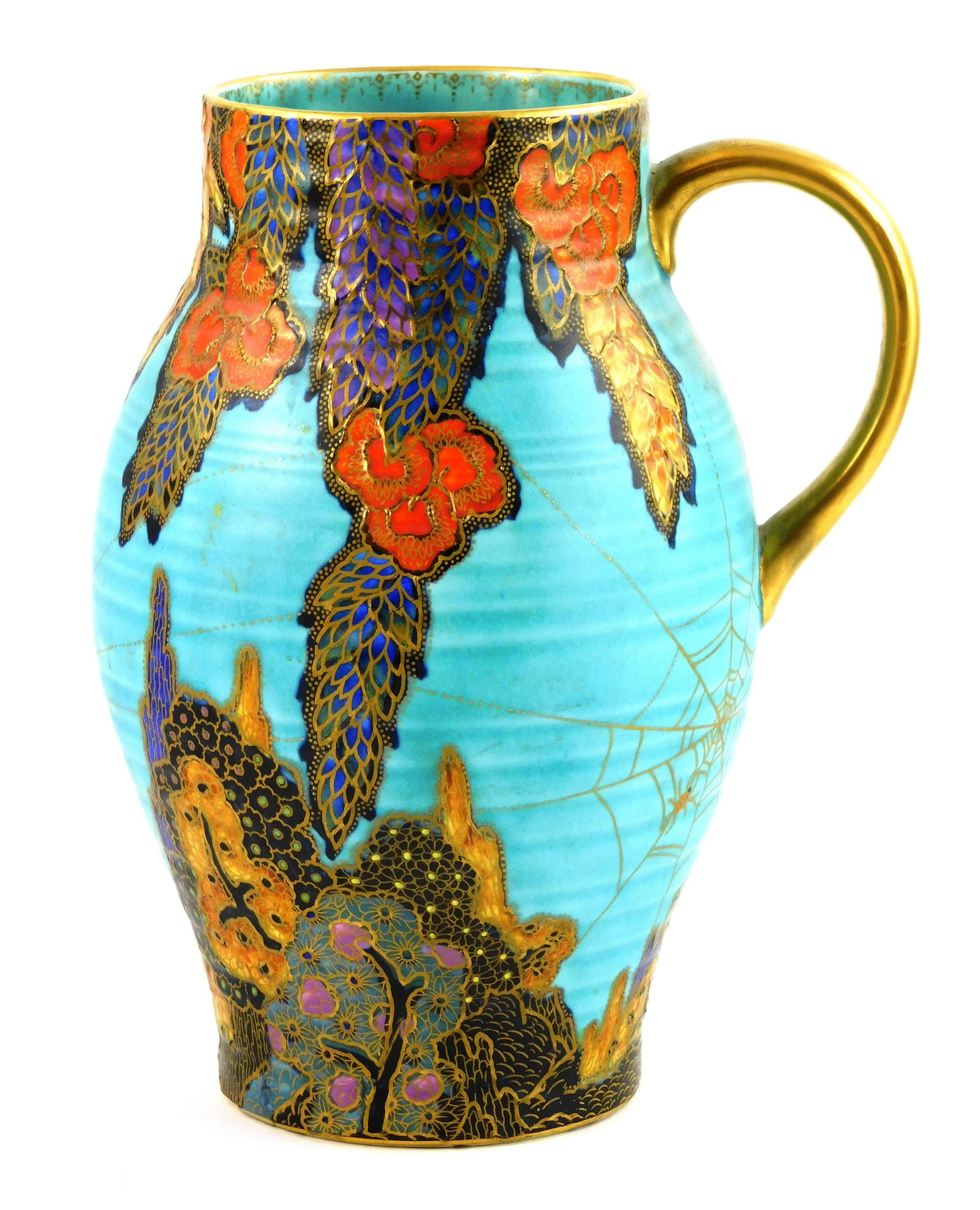 Crown Devon Fielding's ceramic pitcher, early 20th C.: Crown Devon Fielding's ceramic pitcher, early 20th C. English, unusual gilt spider web decoration on robin's egg blue background with deco flowers and trees, gold handle, Rosalind Russell Estate stick