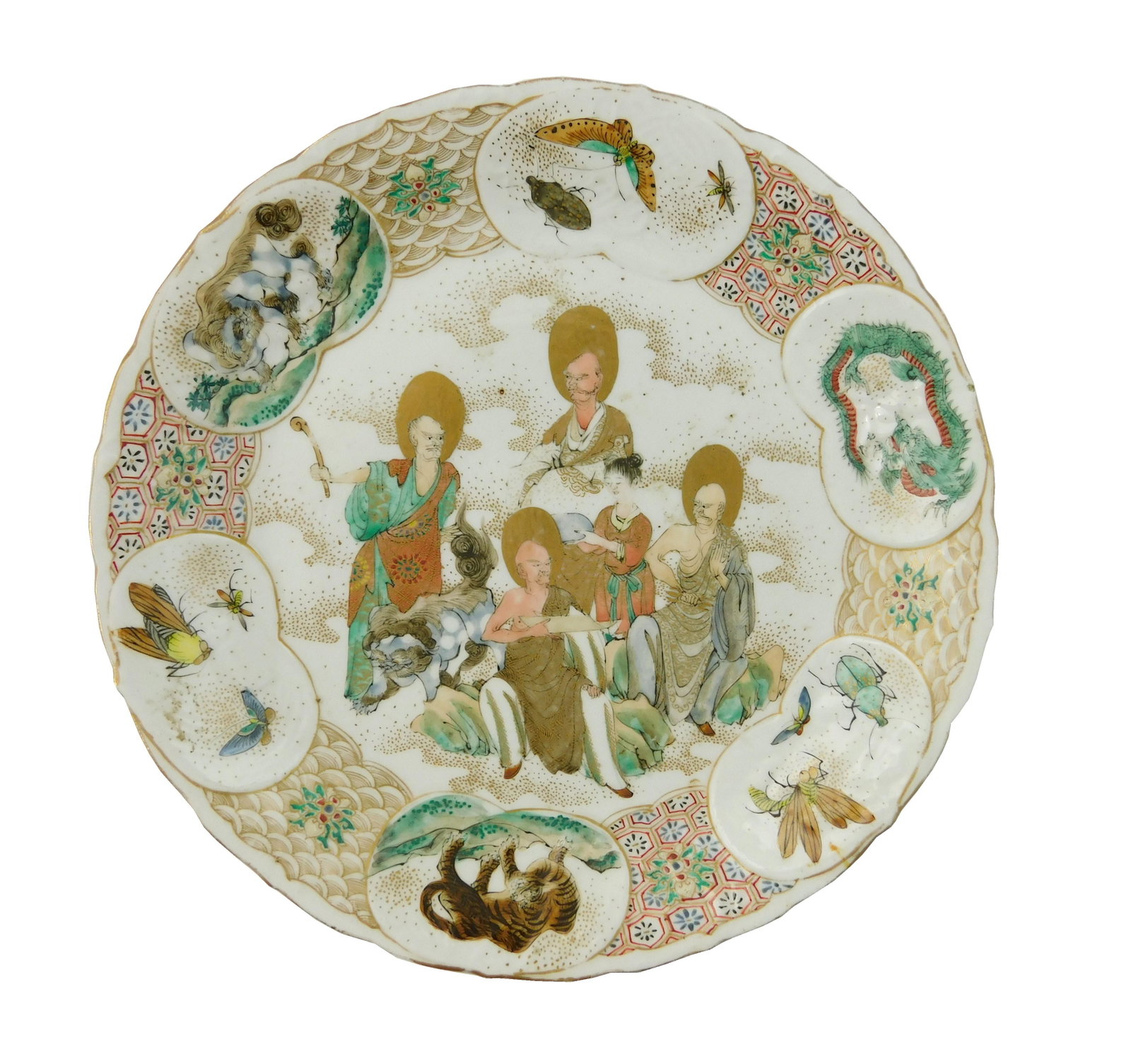 ASIAN: Japanese Satsuma plate, 19th C., central: ASIAN: Japanese Satsuma plate, 19th C., central decoration of several figures surrounded by cartouches with insects, dragons, tigers, etc., wear consistent with age and use including small chip to rim