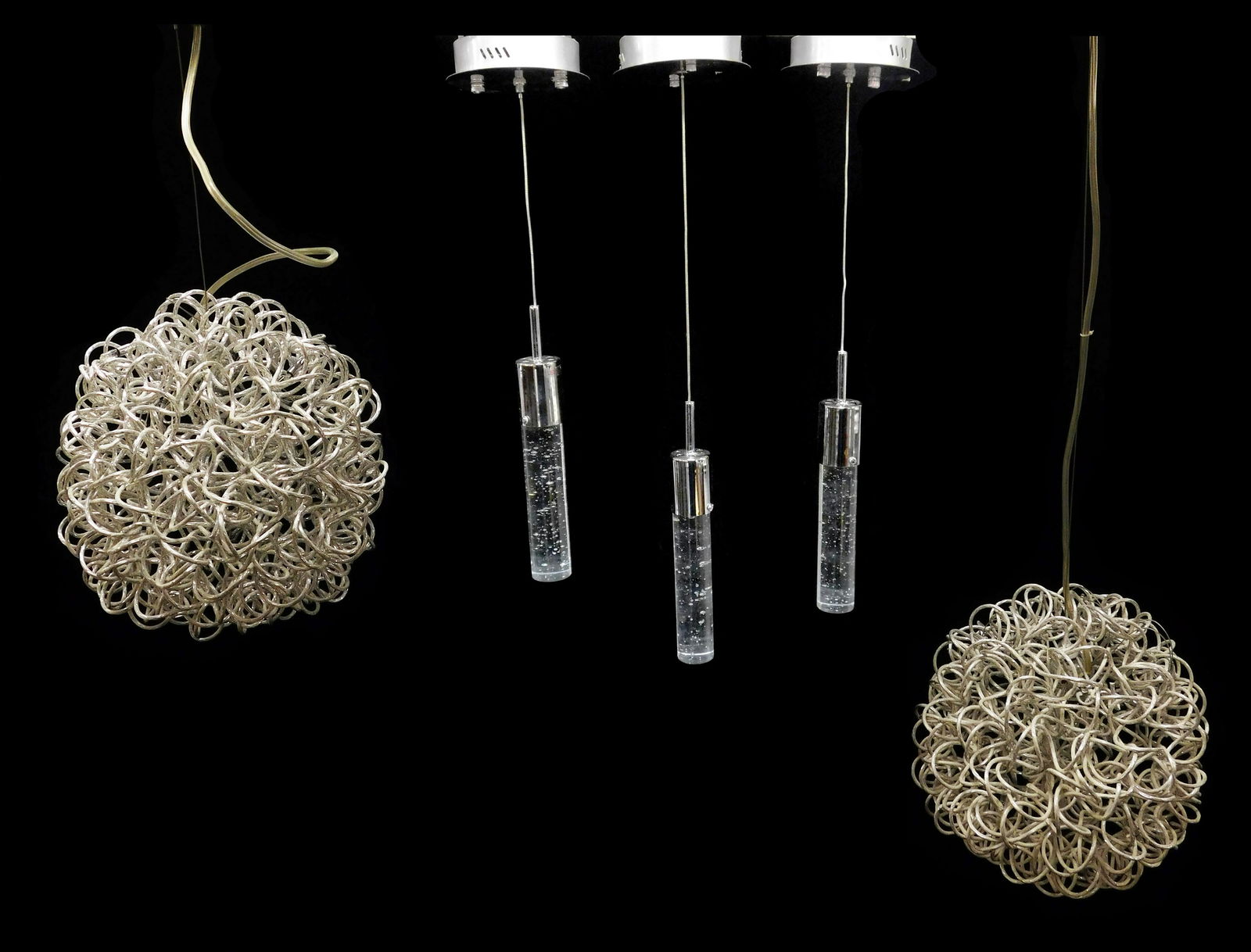 Five contemporary chandeliers, details include: pair of (1 of 5)