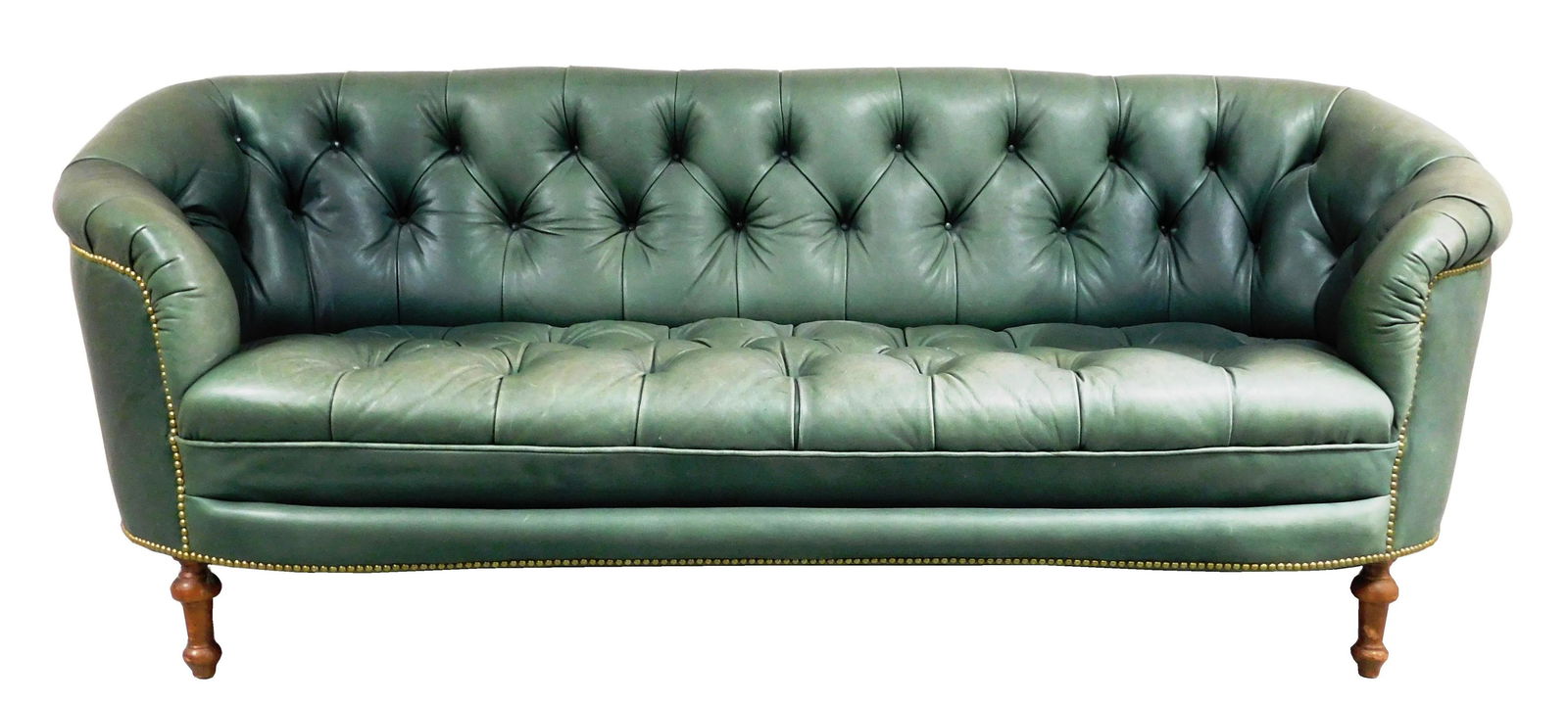 Green button tufted leather sofa, straight back with (1 of 3)