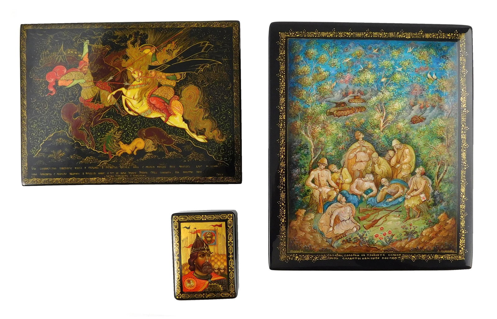 Russian hand-painted lacquer boxes, group of three (one (1 of 7)