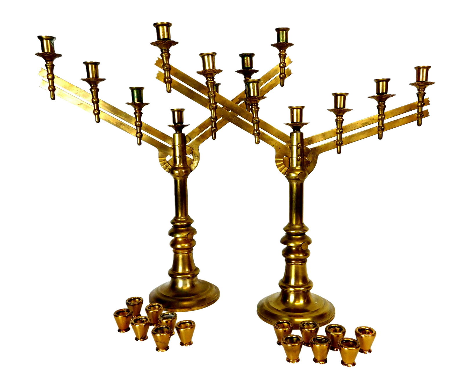 Pair of adjustable brass candelabra, each with seven (1 of 2)