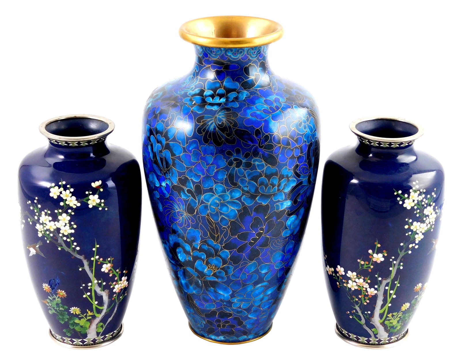 ASIAN: Three cloisonne vases: pair of deep cobalt with (1 of 5)