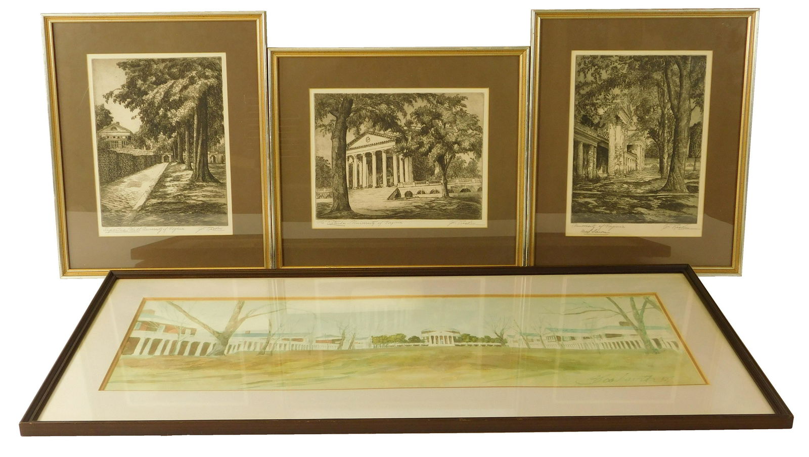 Four framed prints of the University of Virginia: Four framed prints of the University of Virginia campus, three being Joseph Raskin (American, 1897-1981) pencil signed etchings on paper, "Serpentine Wall", depicts a tree lined walkway along a brick