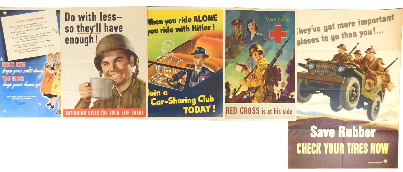 EPHEMERA: World War II American propaganda posters,: EPHEMERA: World War II American propaganda posters, five total, details include: "When you ride alone..." by Weimer Pursell,1943 U.S. government printing for "join a car-sharing club" campaign, bright