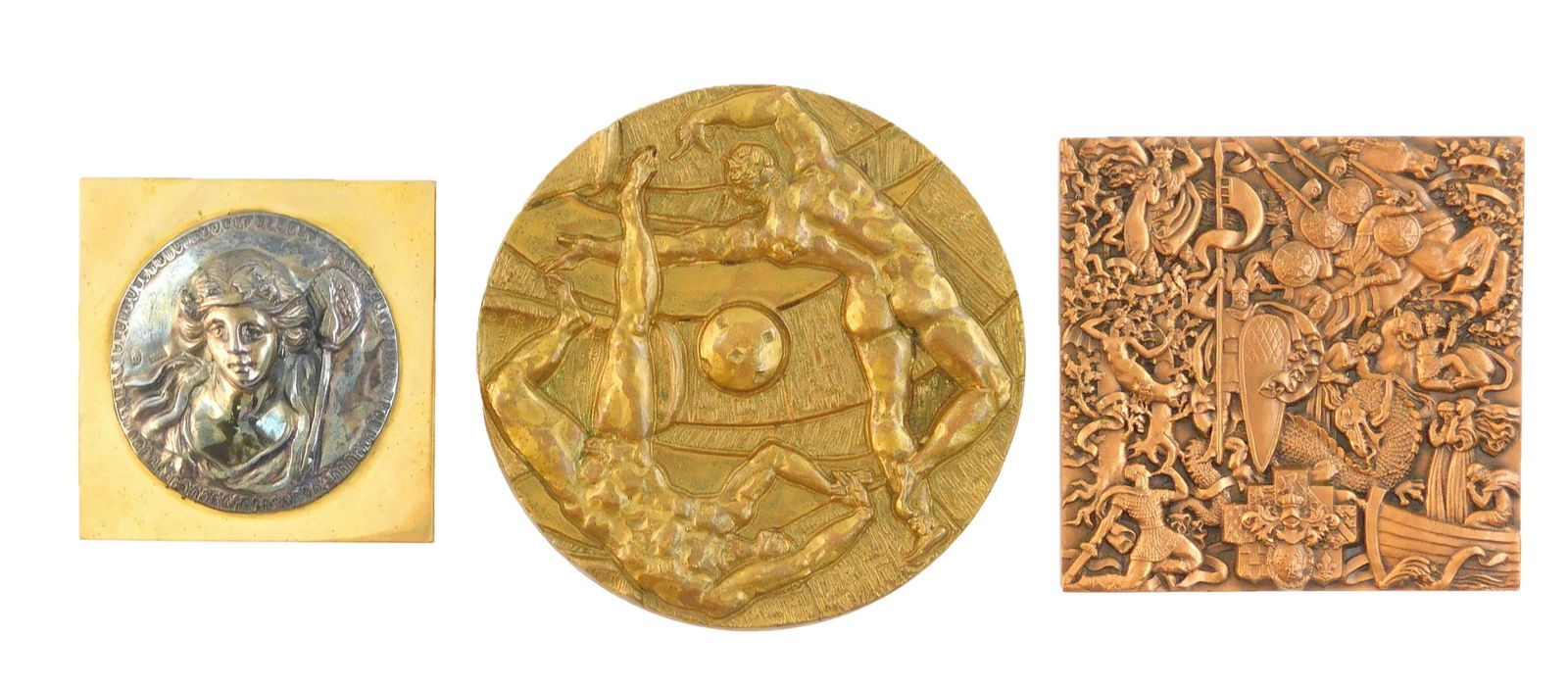 Three metal pieces, including: two bronze medals, (1 of 6)