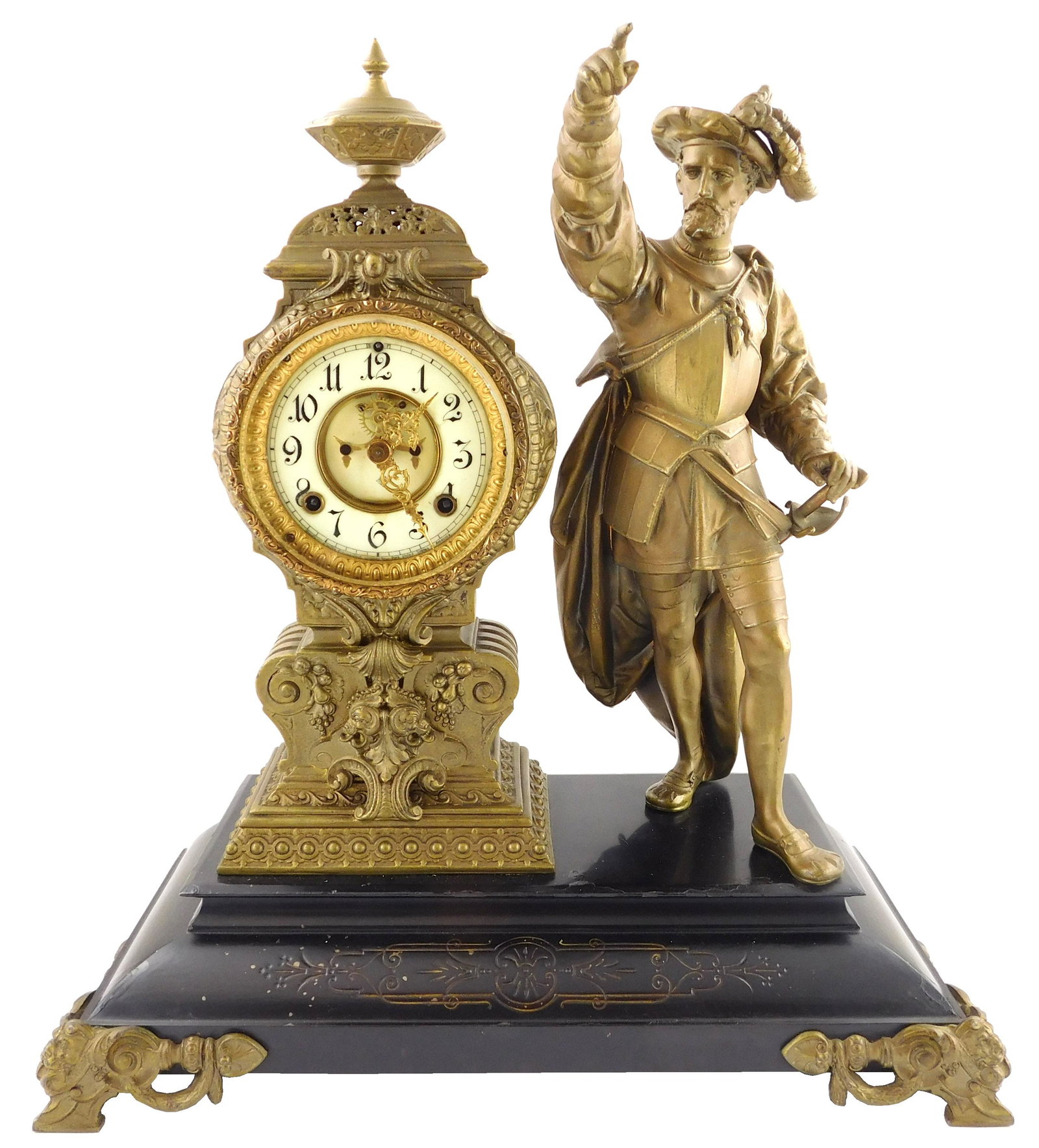 Victorian Ansonia "Cortez" figural mantel clock, late: Victorian Ansonia "Cortez" figural mantel clock, late 19th C., enamel face, standing courtier with sword, clock with open escapement, later gold paint finish to metal, ebonized base with Eastlake moti
