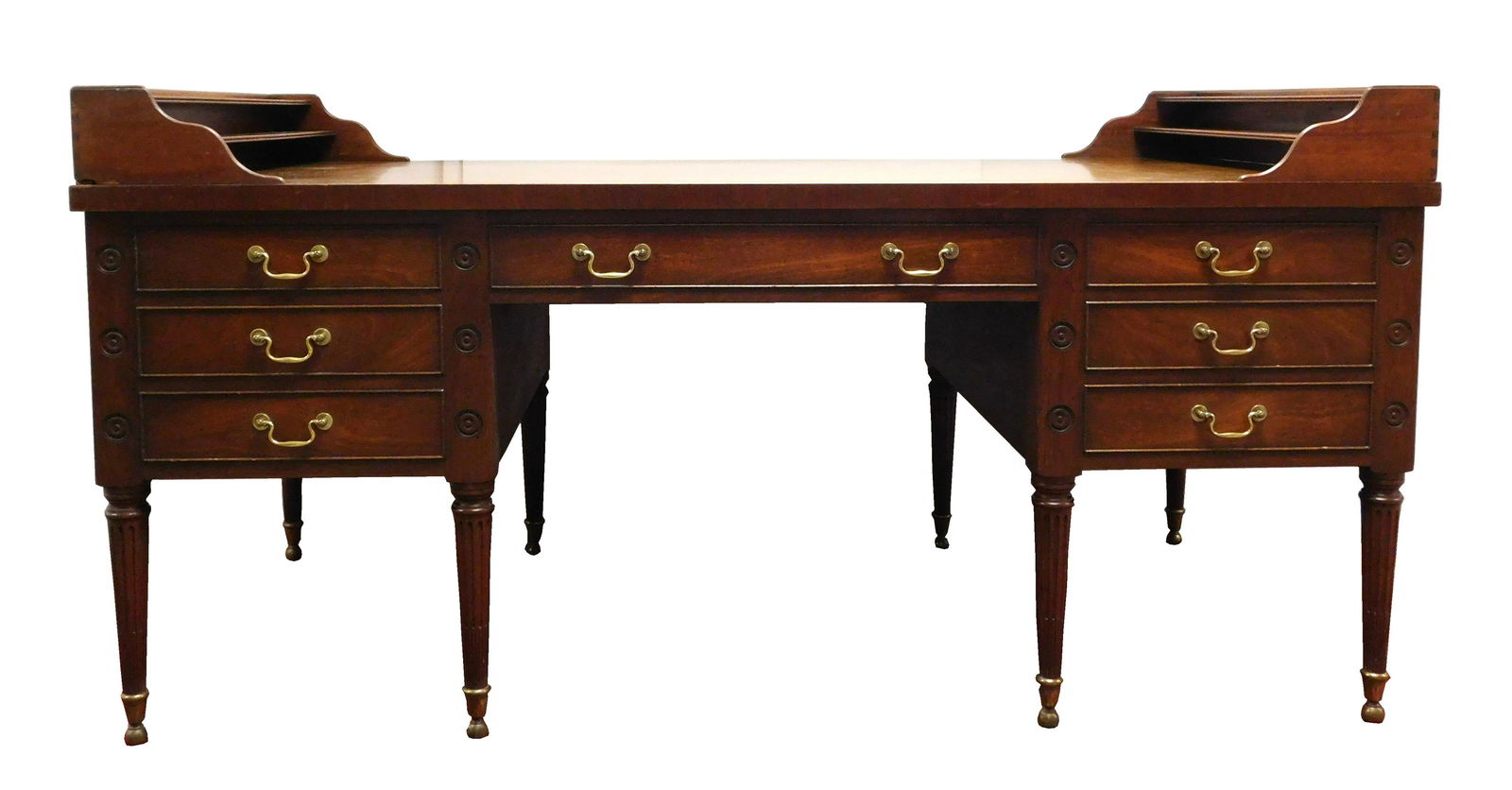 Federal style mahogany "George Washington" faux: Federal style mahogany "George Washington" faux partner's desk, Kittinger Furniture Company, Buffalo, New York, tiered slots flank the large top, main side with one long drawer flanked on each side wi