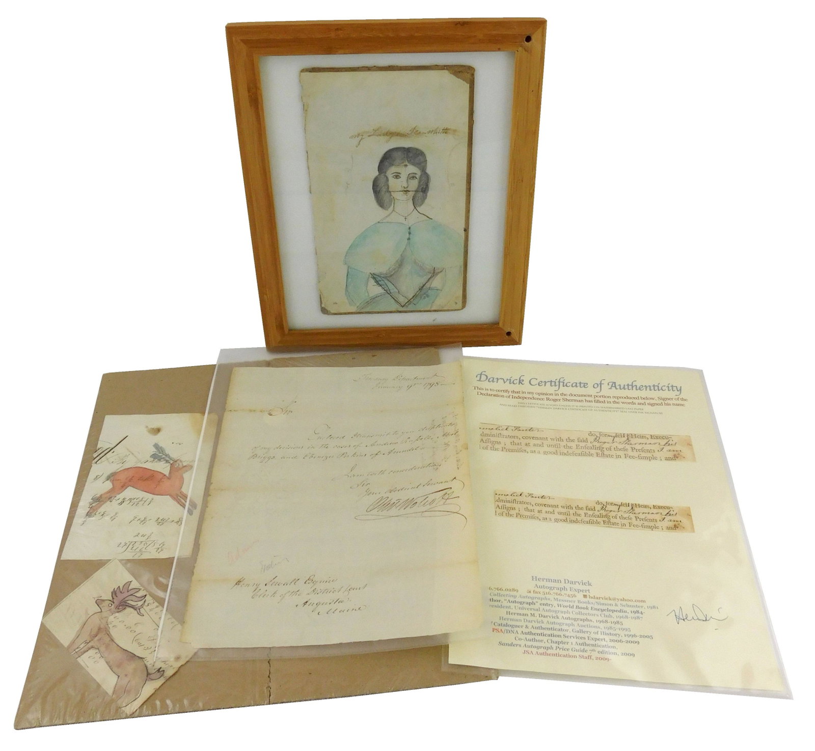 Calligraphy samples, four pieces total, including:: Calligraphy samples, four pieces total, including: snippet with signature of Roger Sherman (with certificate of authenticity); a letter dating January 9th, 1798; framed portrait of woman in blue with 