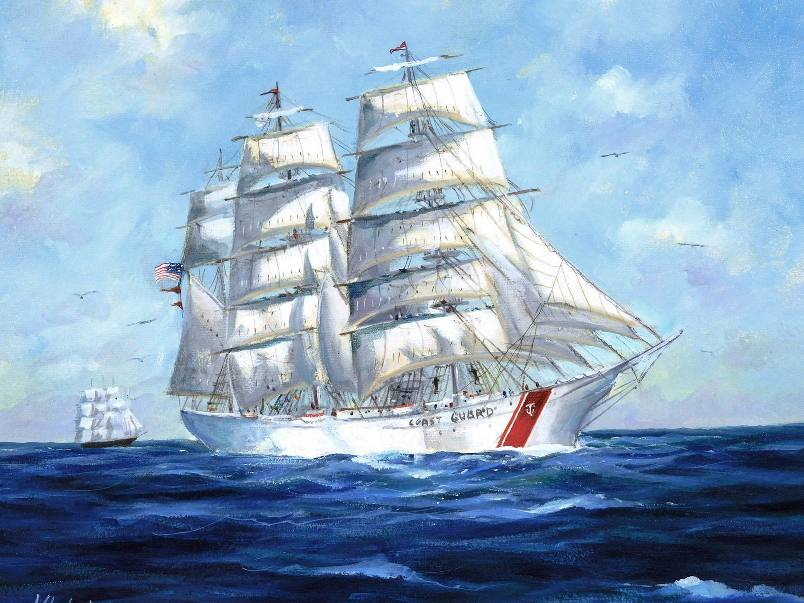 M.C. Waite (American, 20th C.), oil on canvas, depicts: M.C. Waite (American, 20th C.), oil on canvas, depicts large Coast Guard ship sailing over calm deep blue waters, a few riggers visible in sails, with brown schooner in background, signed lower left, 