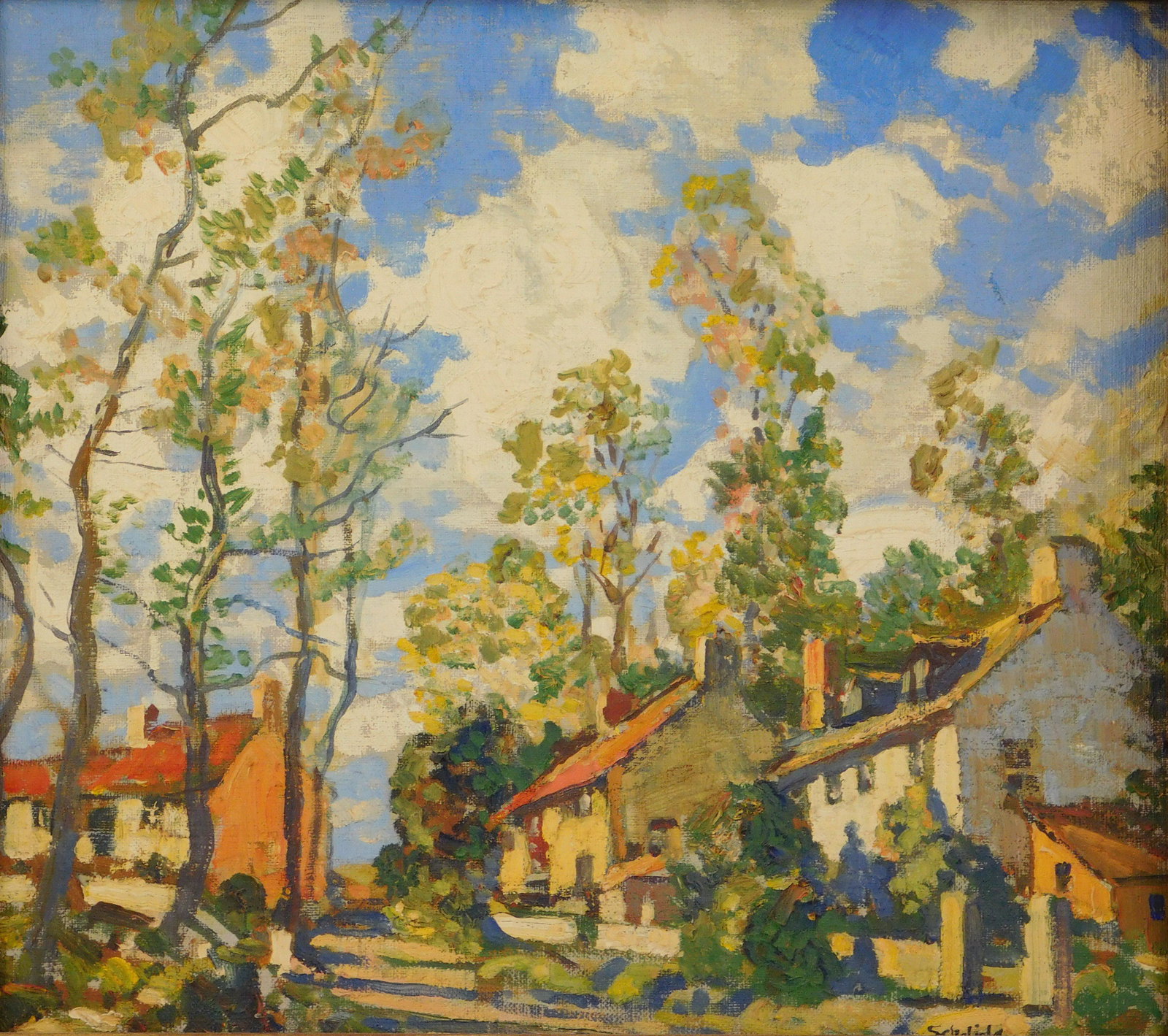 Walter Elmer Schofield (American, 1867-1944), oil on: Walter Elmer Schofield (American, 1867-1944), oil on canvas board, landscape of pastoral scene, several houses line a street, many tall trees throughout, clouds dapple a blue sky, inscribed verso "Tre