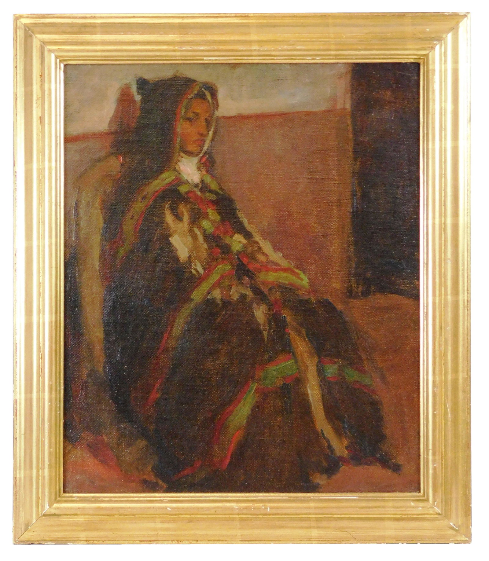 Lucien Abrams (American, Connecticut, 1870-1941), oil: Lucien Abrams (American, Connecticut, 1870-1941), oil on canvas, woman sits against wall shrouded in dark poncho with green and red stripes, deep tones throughout, no signature viewed, inscription and