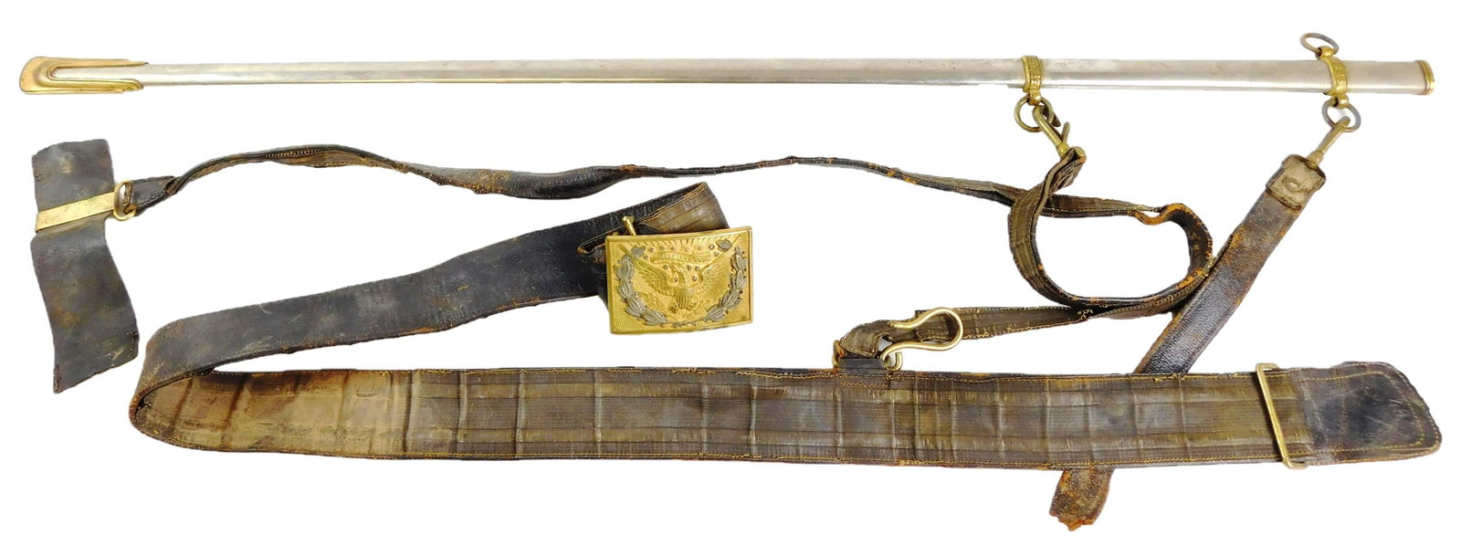 WEAPON: Sword scabbard, c. 1870, nickeled with leather: WEAPON: Sword scabbard, c. 1870, nickeled with leather sword-belt keepers, possible Civil War era brass eagle buckle, wear consistent with age and use, sold as found. [PROVENANCE: Deaccessioned from N