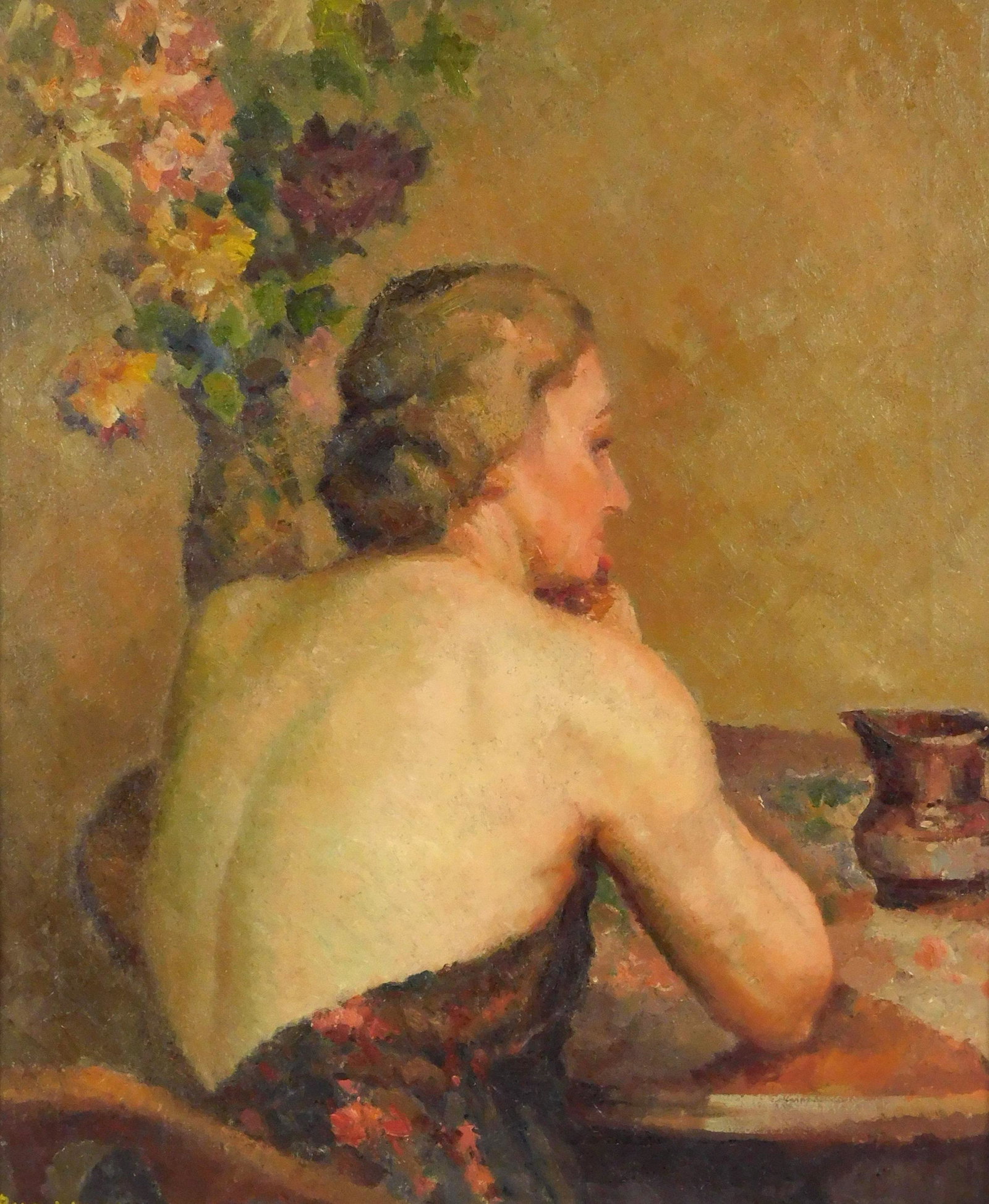 Rand Warren (American, 20th C.), oil on canvas, woman: Rand Warren (American, 20th C.), oil on canvas, woman in low back top sits at table with large floral arrangement of pink, yellow, white, and burgundy, both elbows rest on table with her back to viewe