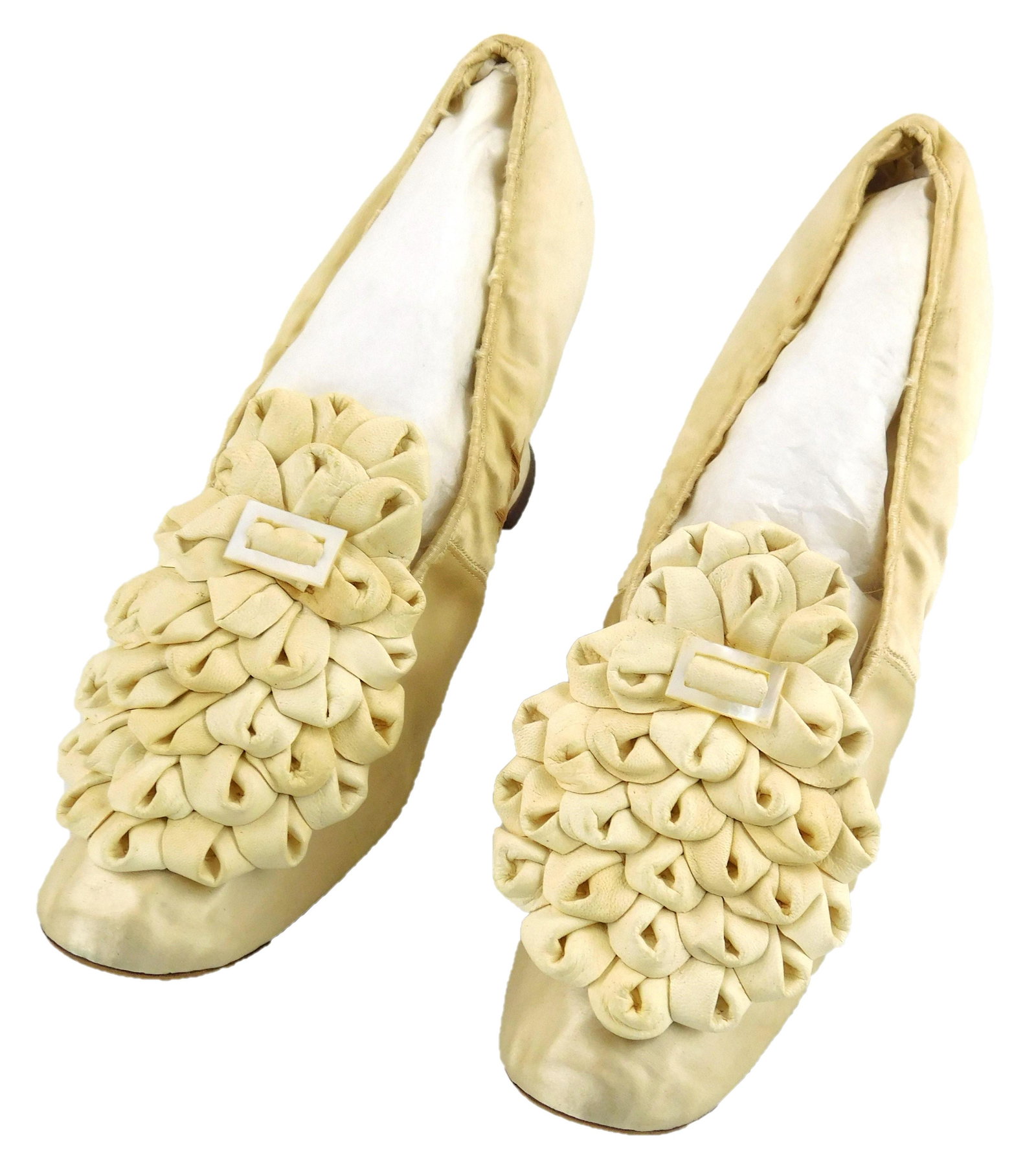 Pair of satin wedding slippers, 19th C., American,: Pair of satin wedding slippers, 19th C., American, museum provenance, has Louis heel, pinned/ detached ornate overlapping bow or rosette with Mother of Pearl faux buckle, museum collection number in i