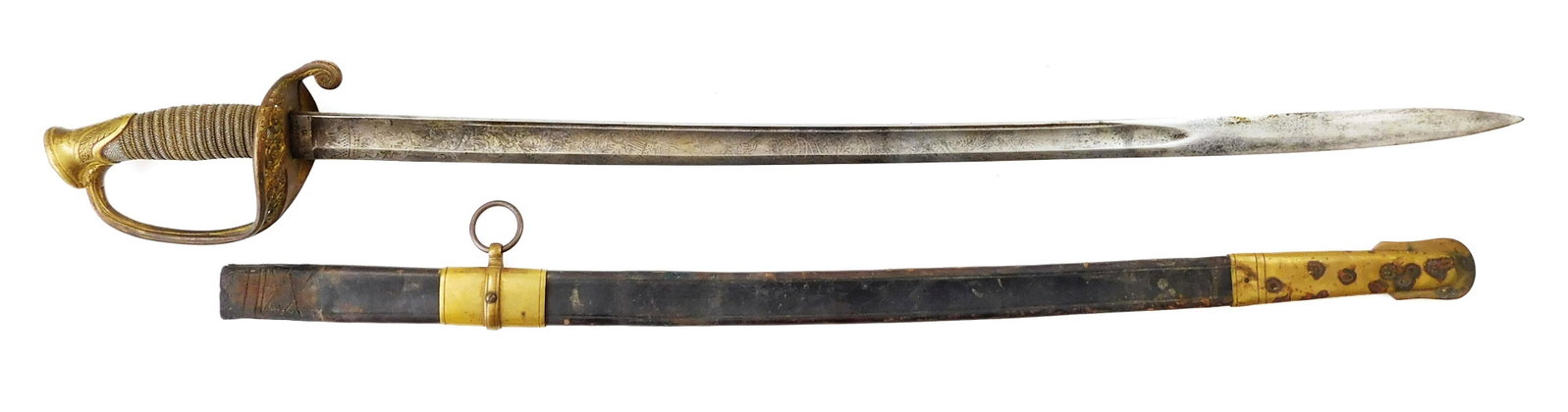WEAPON: Civil war infantry officers sword, dated 1856: WEAPON: Civil war infantry officers sword, dated 1856 Ames. sword Co. Chicopee Mass., made with leather scabbard with the metal throat missing, wear consistent with age and use, good condition, sold a