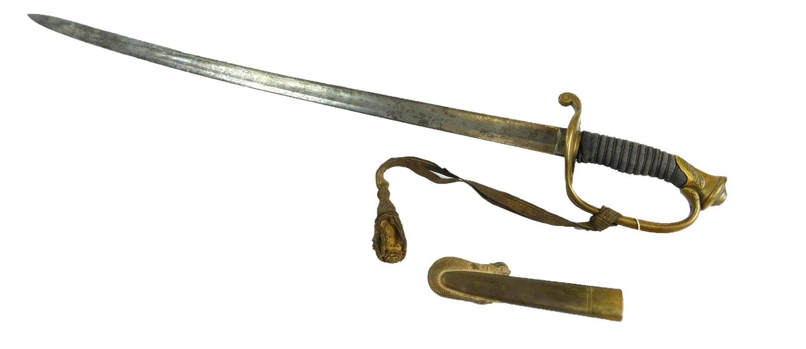 WEAPON: Civil war infantry officers sword, 1853,: WEAPON: Civil war infantry officers sword, 1853, without scabbard, most likely impacted etched blade, with metallic ribbon and tassel, metal end of sheath with fish ornament included, wear consistent 