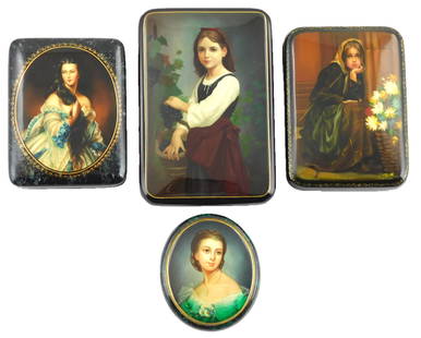 Russian hand-painted lacquer boxes, group of four with: Russian hand-painted lacquer boxes, group of four with portraits of young girls: "Girl with Grapes" painted after Elizabeth Jane Gardner Bouguereau by Dokuchayev, a young girl holds basket with deep p