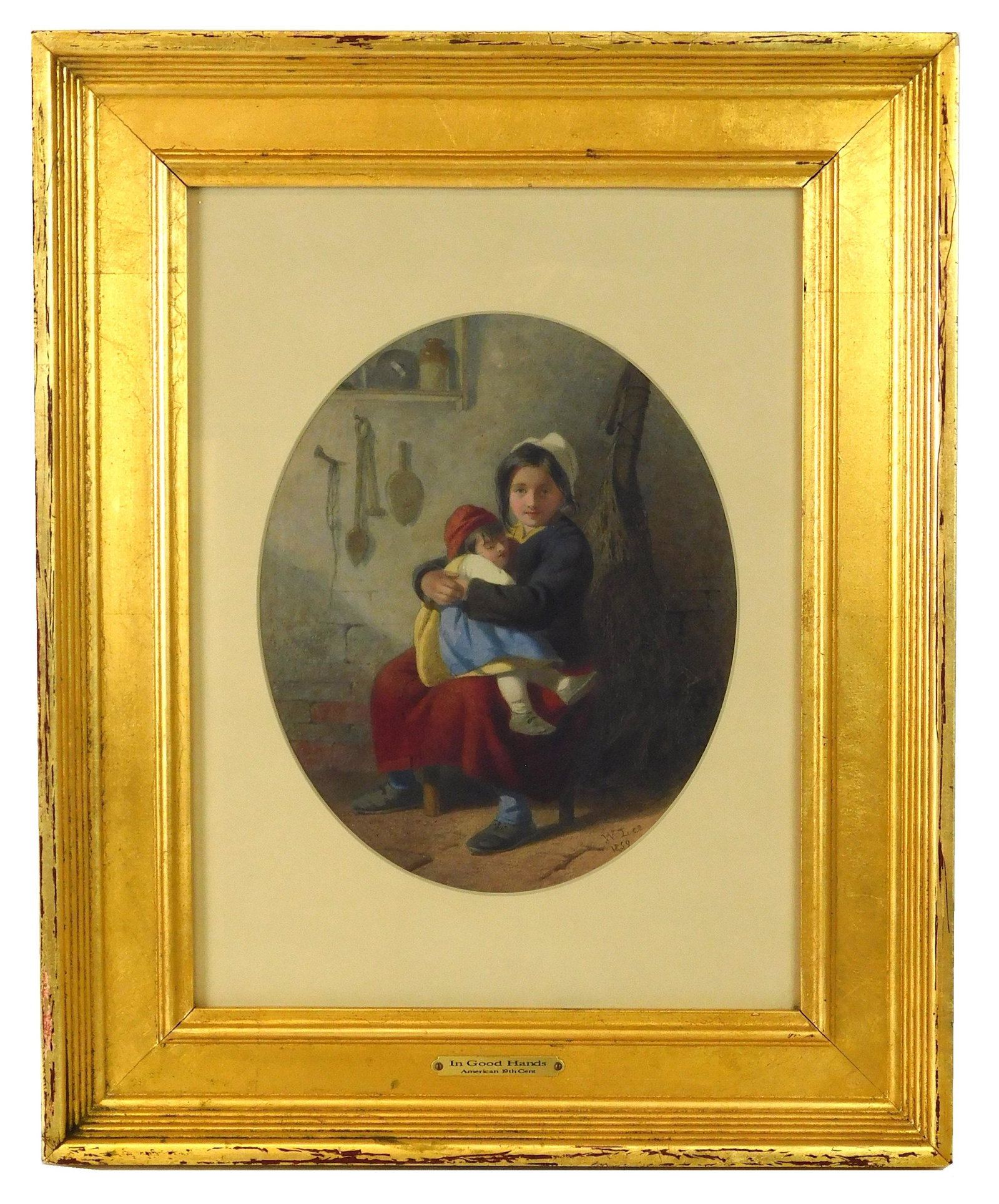 William Lee (English, 1810-1865), watercolor, interior: William Lee (English, 1810-1865), watercolor, interior genre scene of young woman holding toddler while sitting on stool, various tools hang in background, signed and dated 1859 lower right, plaque on