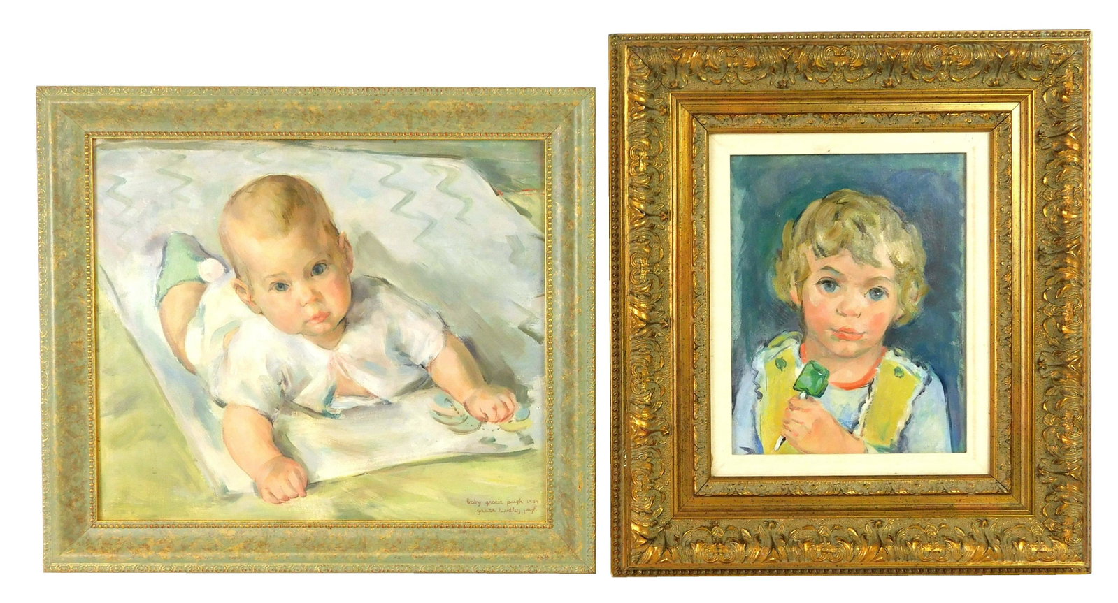 Grace Huntley Pugh (American, 1912-2010), two pieces of: Grace Huntley Pugh (American, 1912-2010), two pieces of young children, both oils on artist board; "But I Wanted Chocolate/Lolly Pop", depicts toddler with blonde hair and big blue eyes holding green 