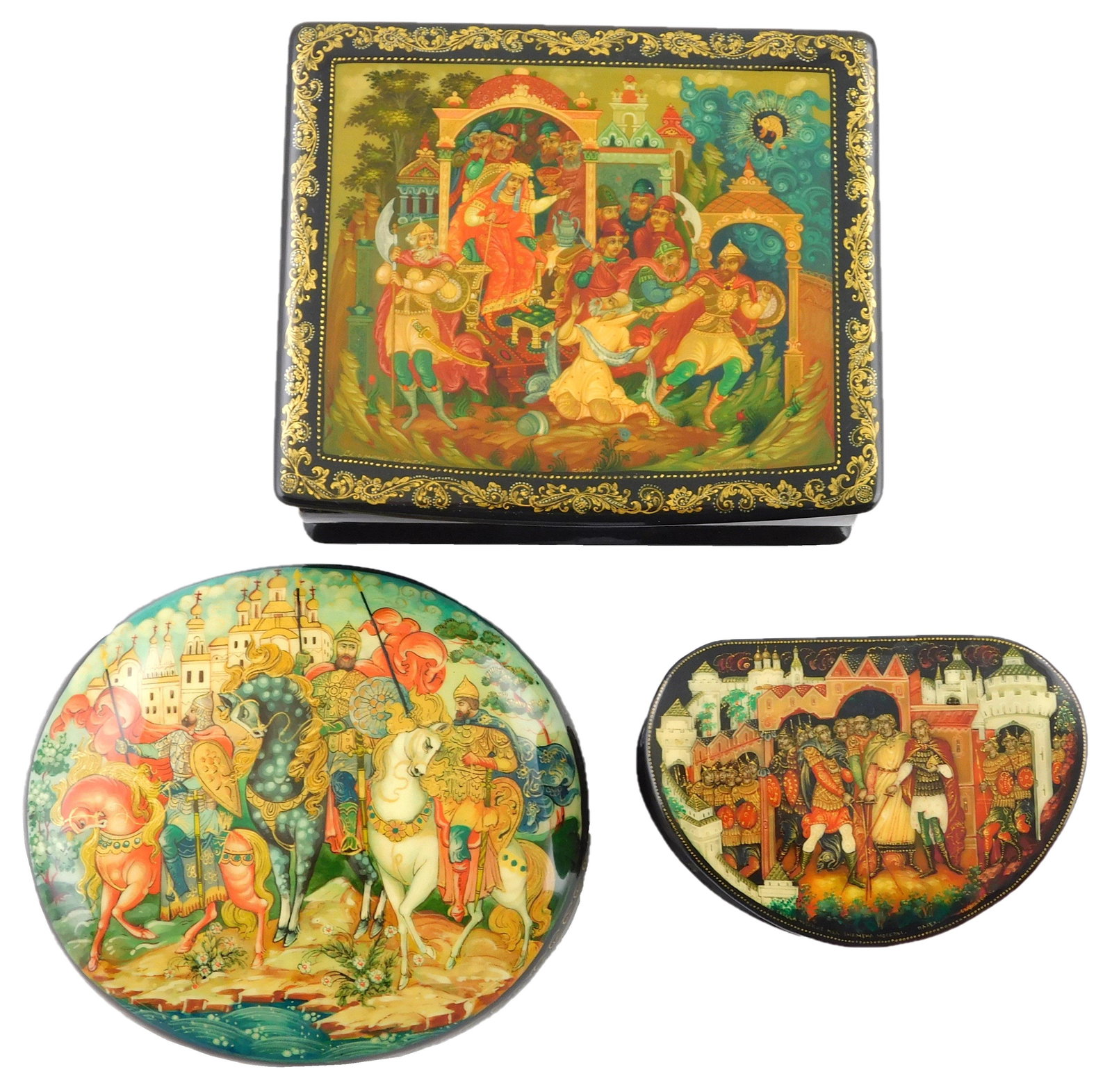 Russian hand-painted lacquer boxes, group of three: Russian hand-painted lacquer boxes, group of three intricately painted soldier themed pieces, including "The Fisherman and the Golden Fish" by Smirnova, a deep box with painted sides depicts a fisherm