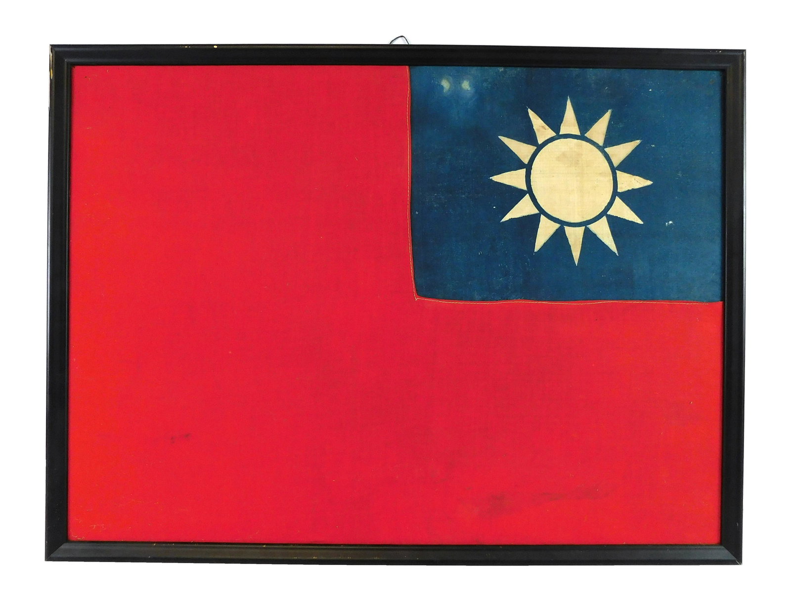 Flag of the Republic of China, pre-1949, "Blue Sky,: Flag of the Republic of China, pre-1949, "Blue Sky, White Sun, and a Wholly Red Earth", now flown primarily in Taiwan, Penghu, Kinmen, Matsu and other outlying islands, mounted in reverse, not examine