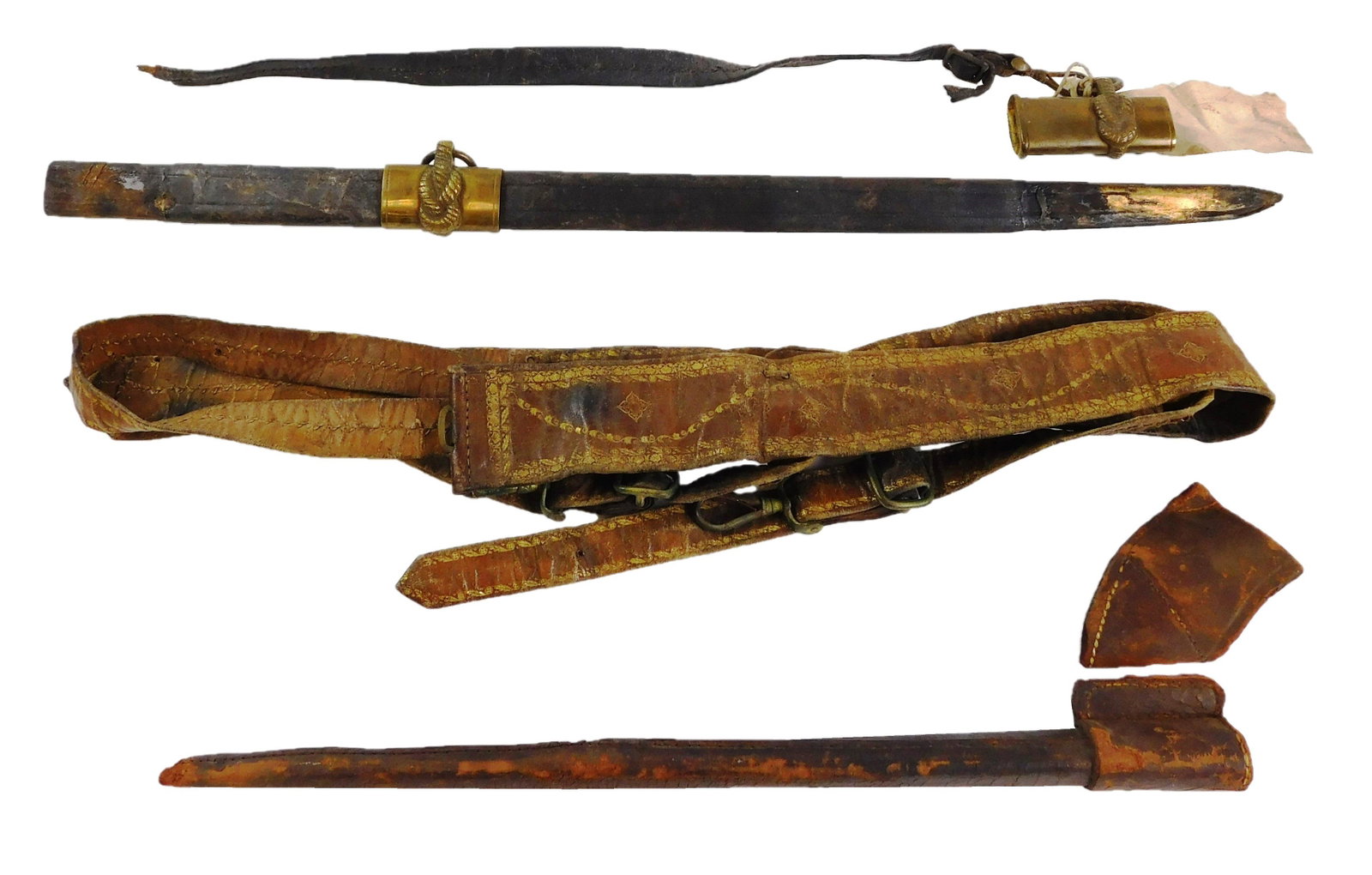 WEAPON: Pair of leather items, incomplete U.S. naval: WEAPON: Pair of leather items, incomplete U.S. naval sword scabbard along with handmade gilded leather sword belt, small waist, no buckle, has sword keeper, wear consistent with age and use, sold as f